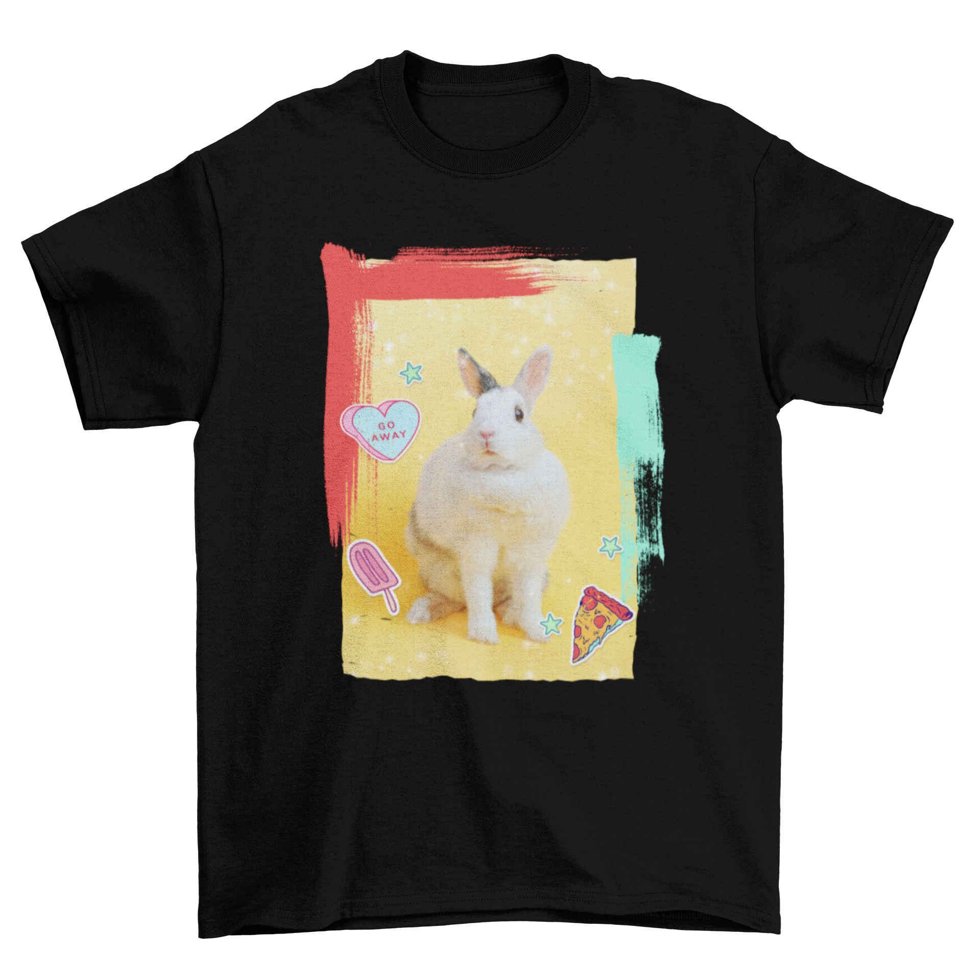 A colorful t-shirt design featuring a cute white bunny rabbit with pizza elements, showcasing vibrant graphics and playful stickers.
