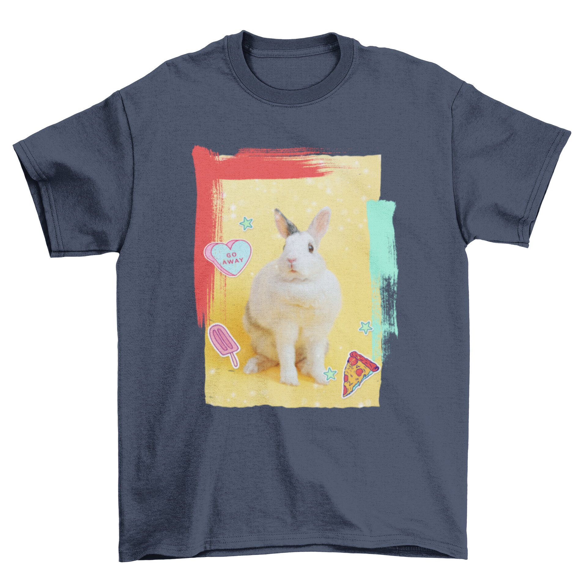 A colorful t-shirt design featuring a cute white bunny rabbit with pizza elements, showcasing vibrant graphics and playful stickers.