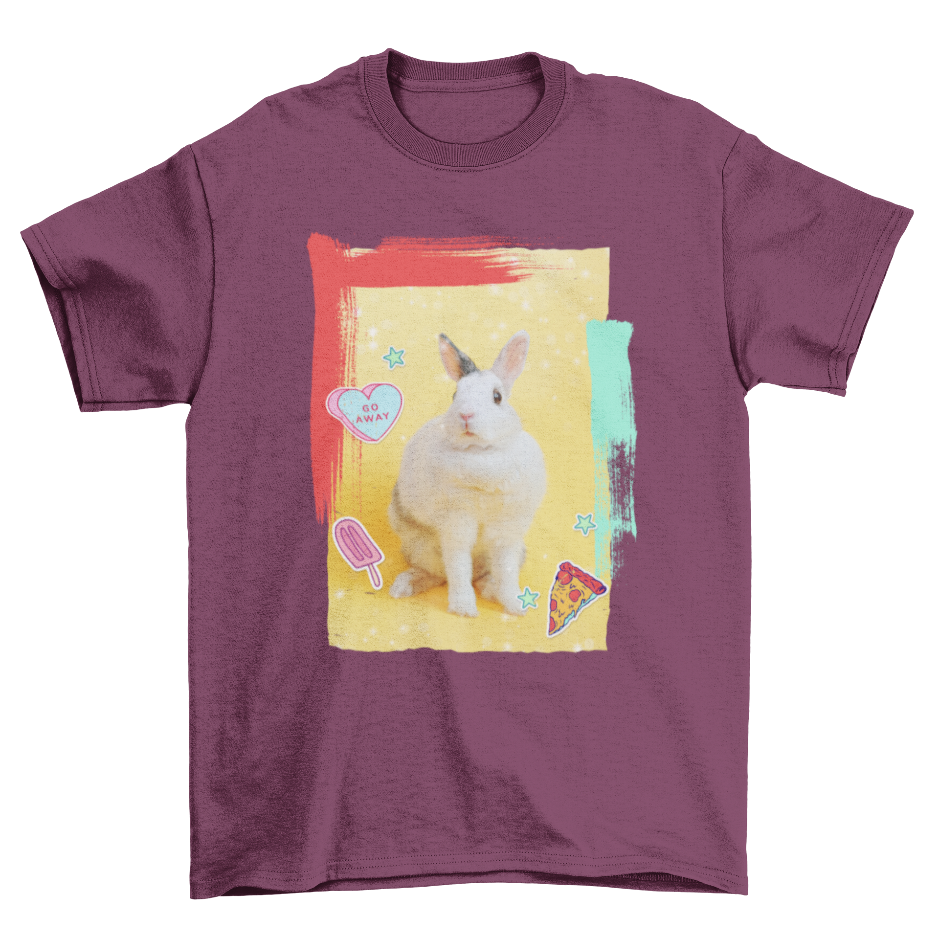 A colorful t-shirt design featuring a cute white bunny rabbit with pizza elements, showcasing vibrant graphics and playful stickers.