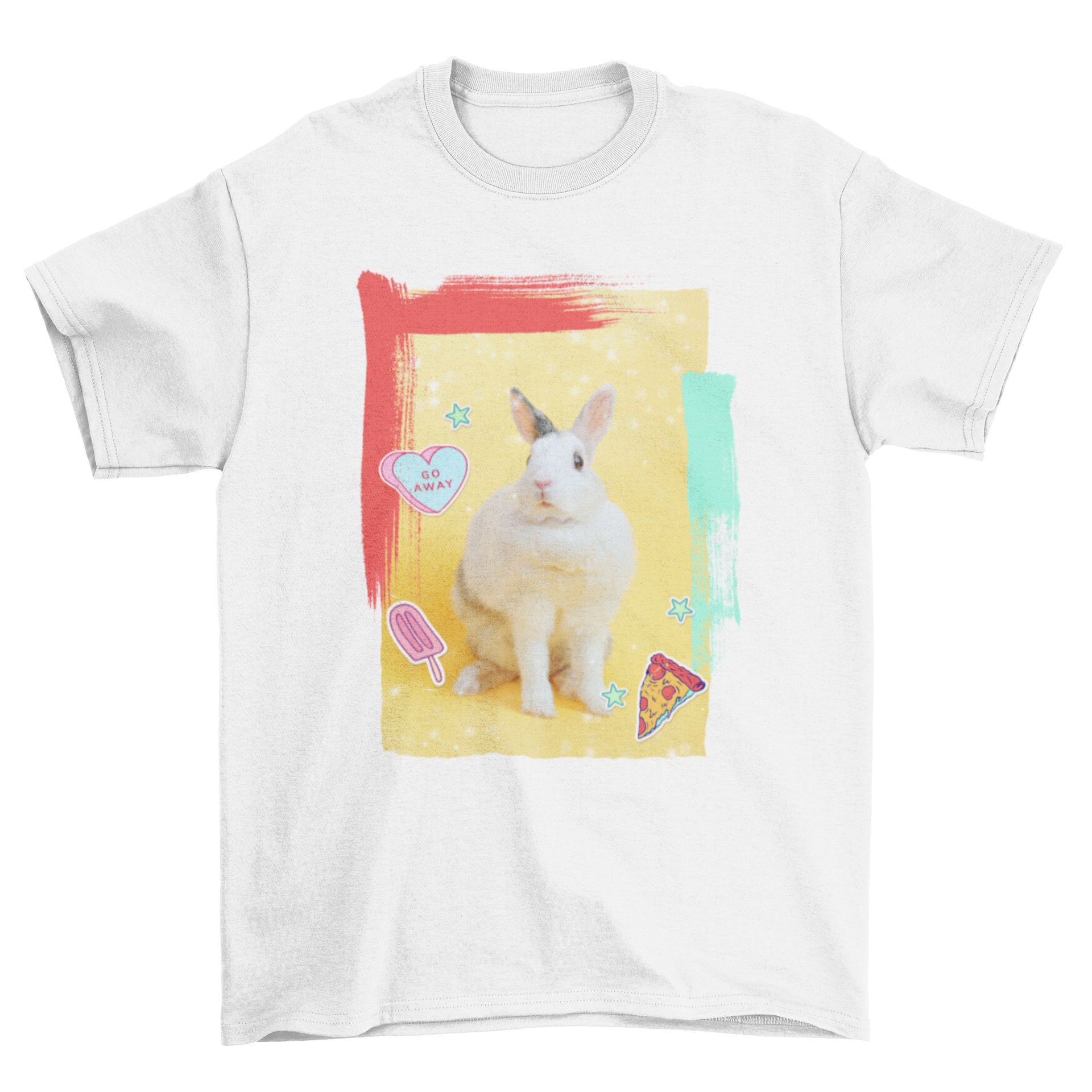 A colorful t-shirt design featuring a cute white bunny rabbit with pizza elements, showcasing vibrant graphics and playful stickers.