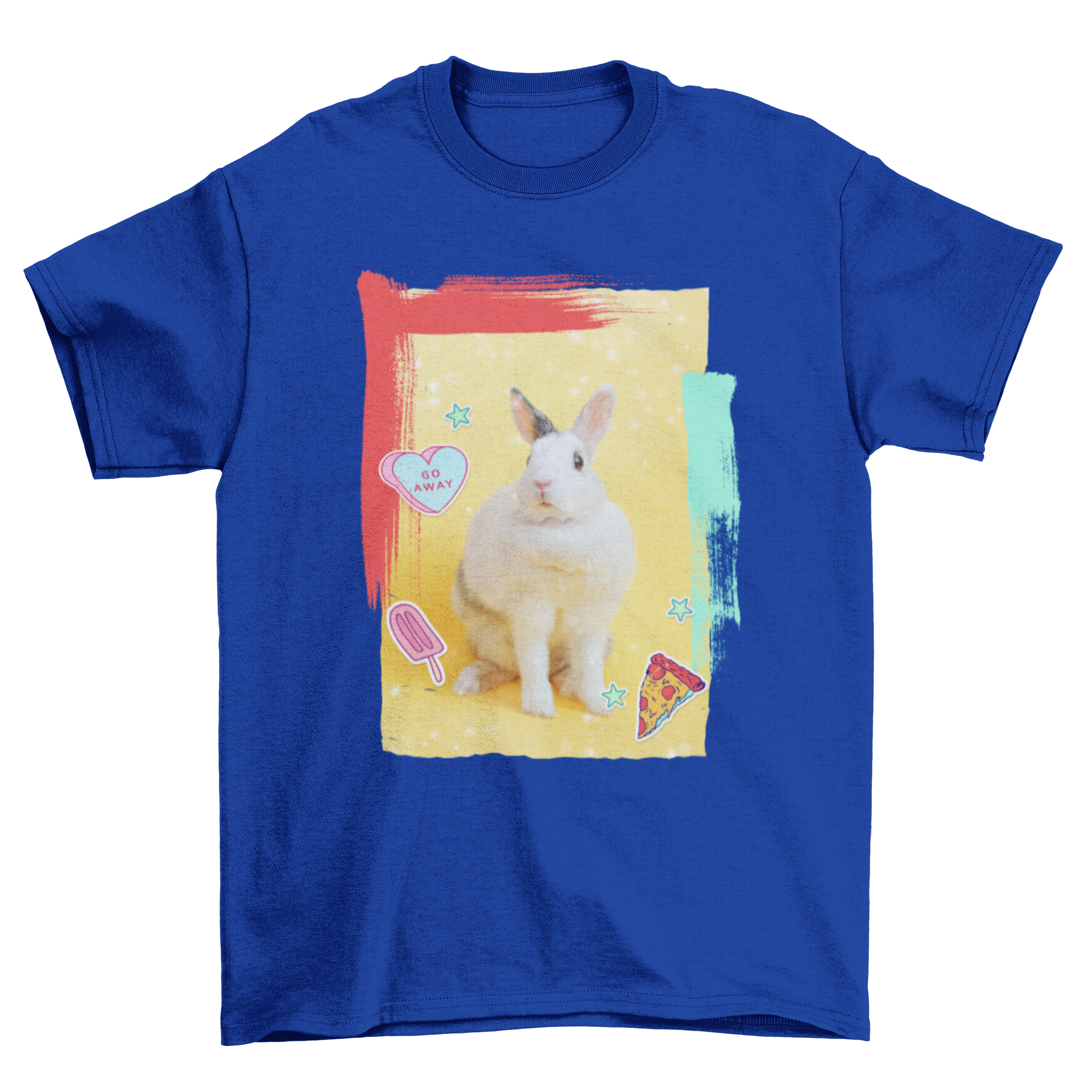 A colorful t-shirt design featuring a cute white bunny rabbit with pizza elements, showcasing vibrant graphics and playful stickers.
