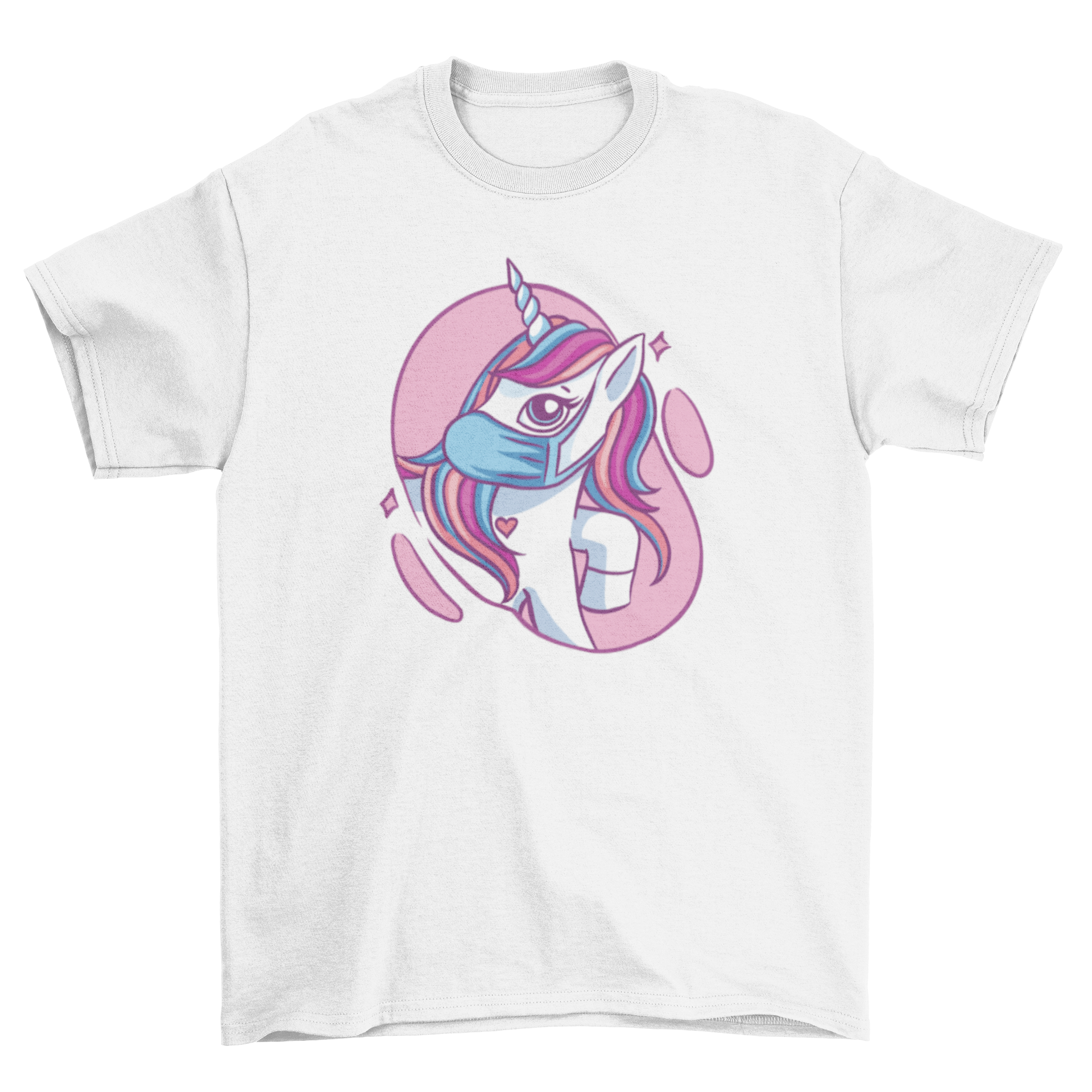 Cute t-shirt featuring a cartoon unicorn wearing a colorful face mask, perfect for kids and adults.