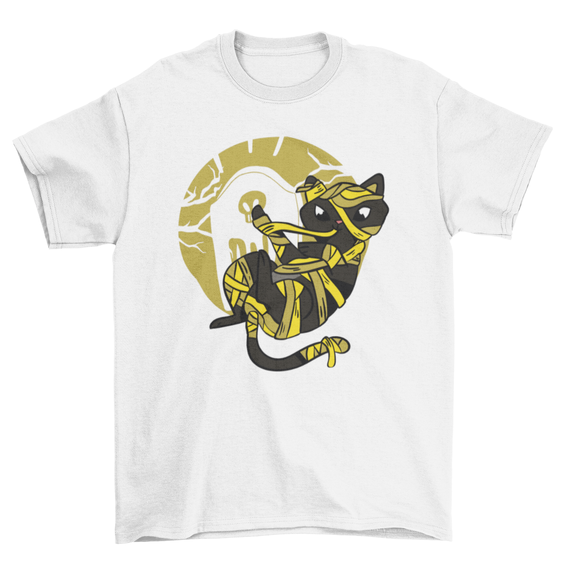 Cute mummy cat t-shirt featuring a black cat wrapped in mummy bandages, perfect for Halloween.