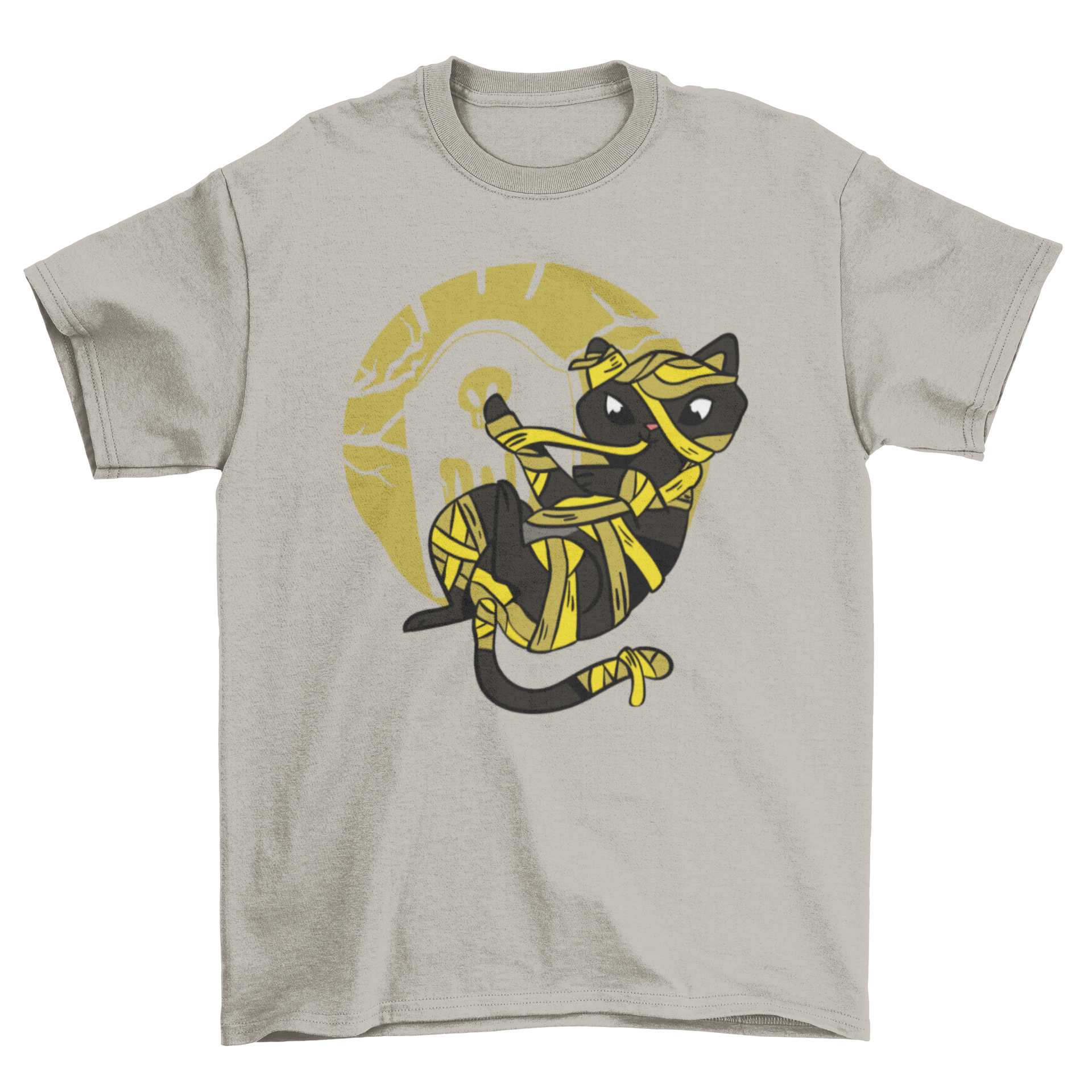 Cute mummy cat t-shirt featuring a black cat wrapped in mummy bandages, perfect for Halloween.