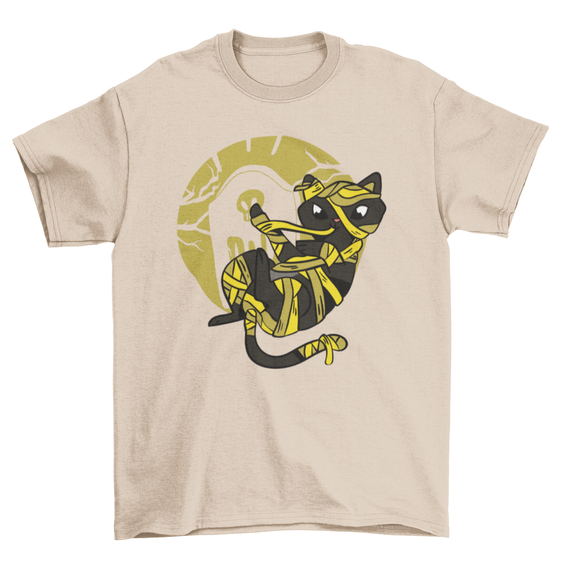 Cute mummy cat t-shirt featuring a black cat wrapped in mummy bandages, perfect for Halloween.