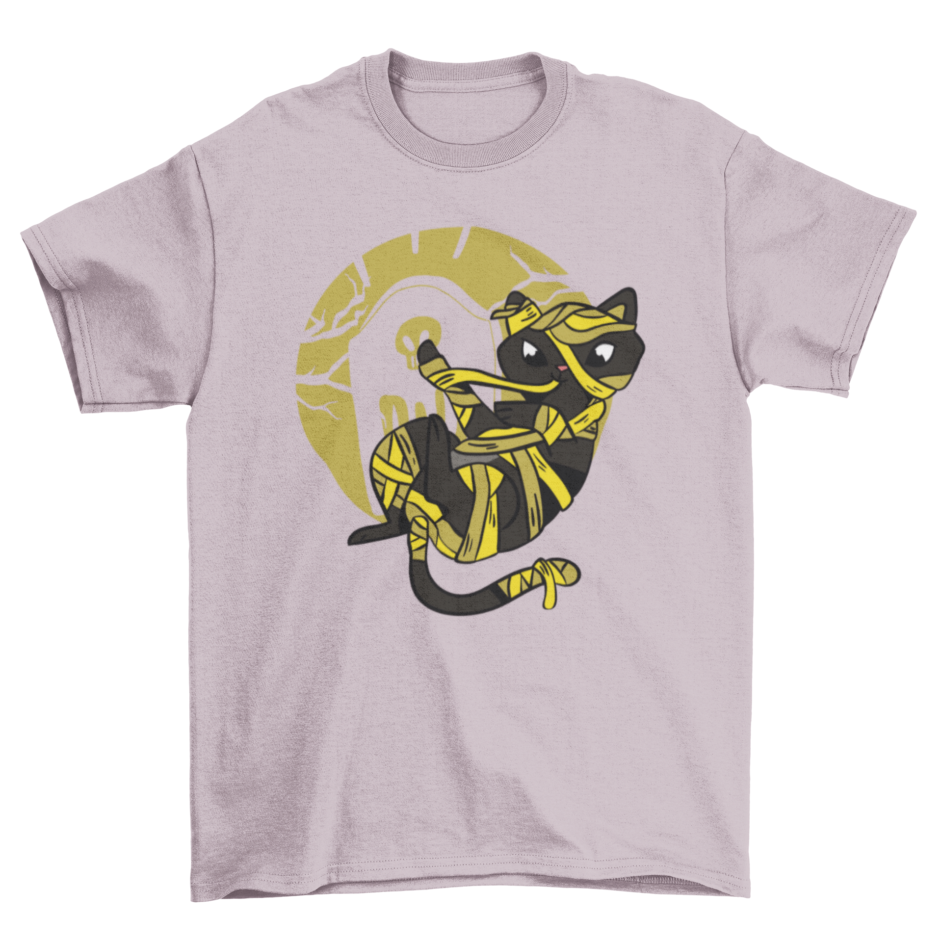 Cute mummy cat t-shirt featuring a black cat wrapped in mummy bandages, perfect for Halloween.