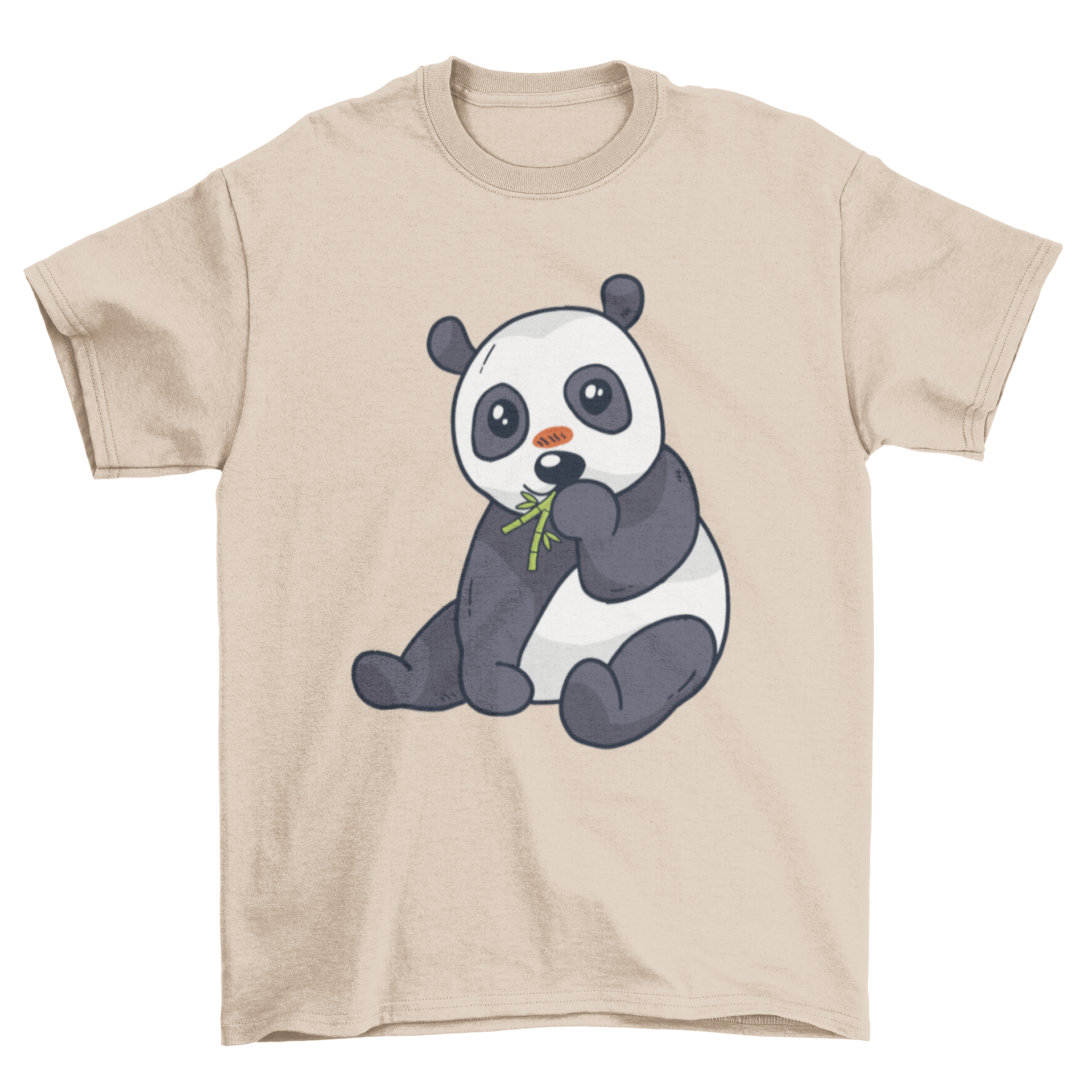 Cute panda cartoon illustration on a bamboo-themed t-shirt, showcasing a playful design.