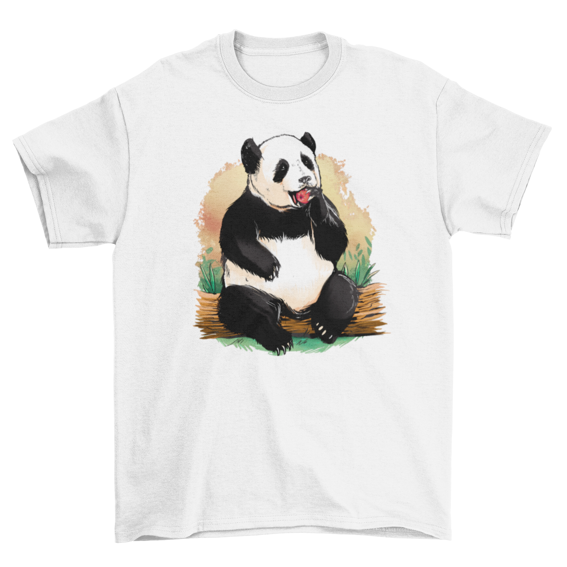 Cute panda bear graphic on a t-shirt, sitting and eating an apple, showcasing a playful design.