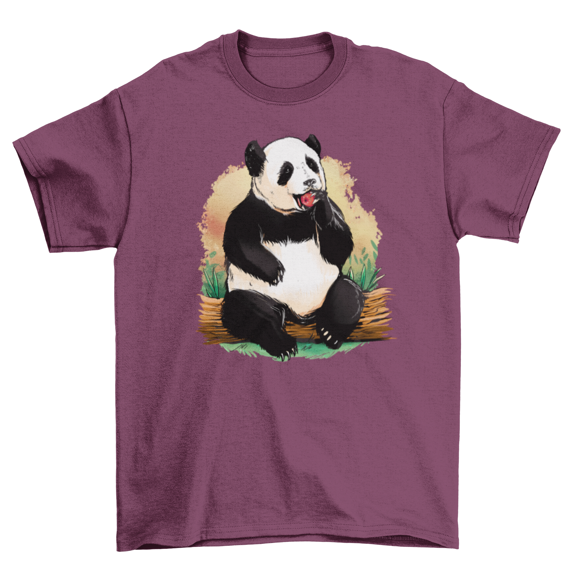 Cute panda bear graphic on a t-shirt, sitting and eating an apple, showcasing a playful design.