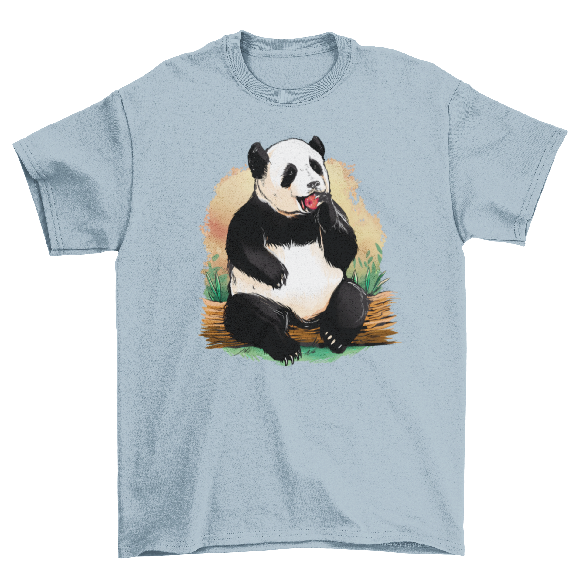 Cute panda bear graphic on a t-shirt, sitting and eating an apple, showcasing a playful design.