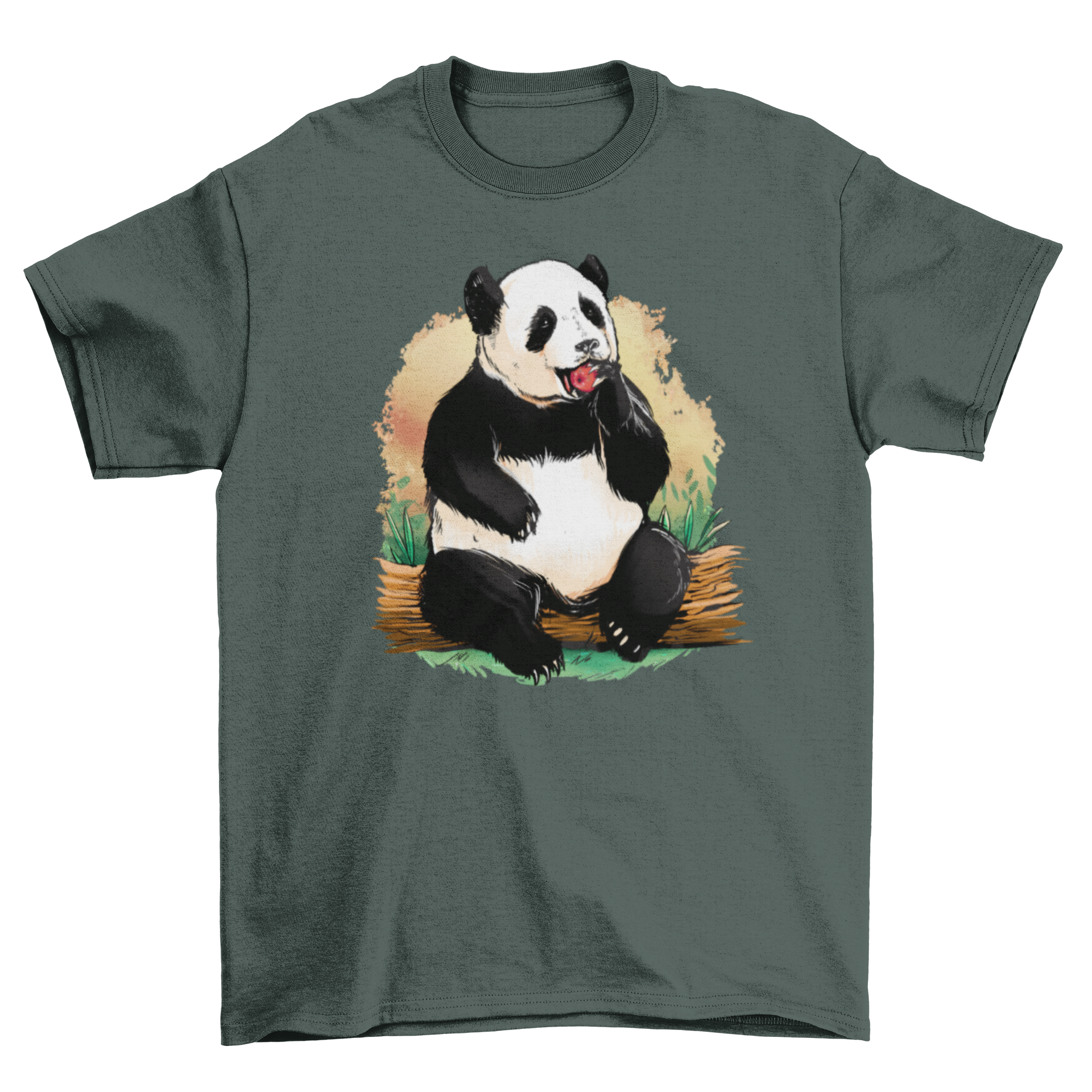 Cute panda bear graphic on a t-shirt, sitting and eating an apple, showcasing a playful design.