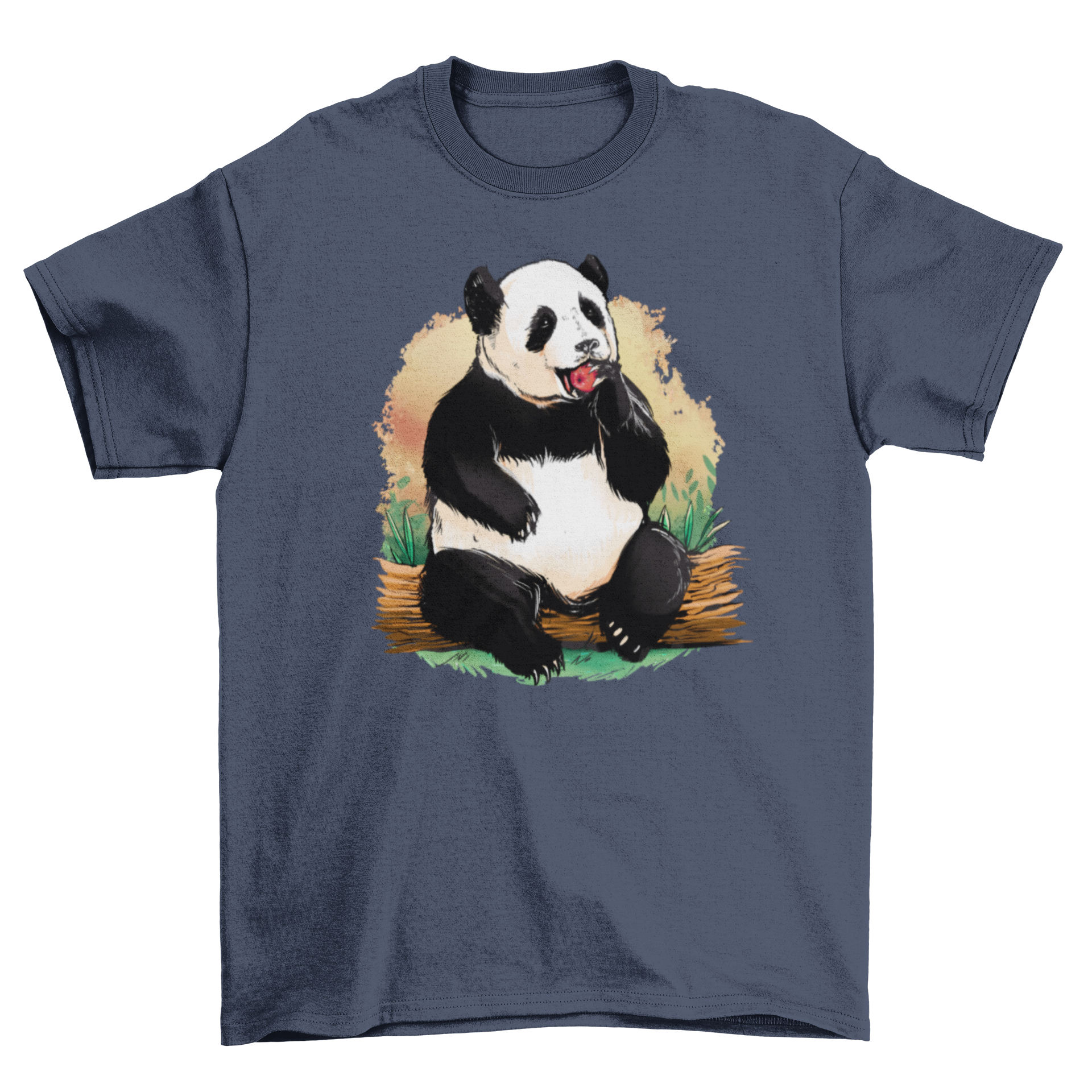 Cute panda bear graphic on a t-shirt, sitting and eating an apple, showcasing a playful design.