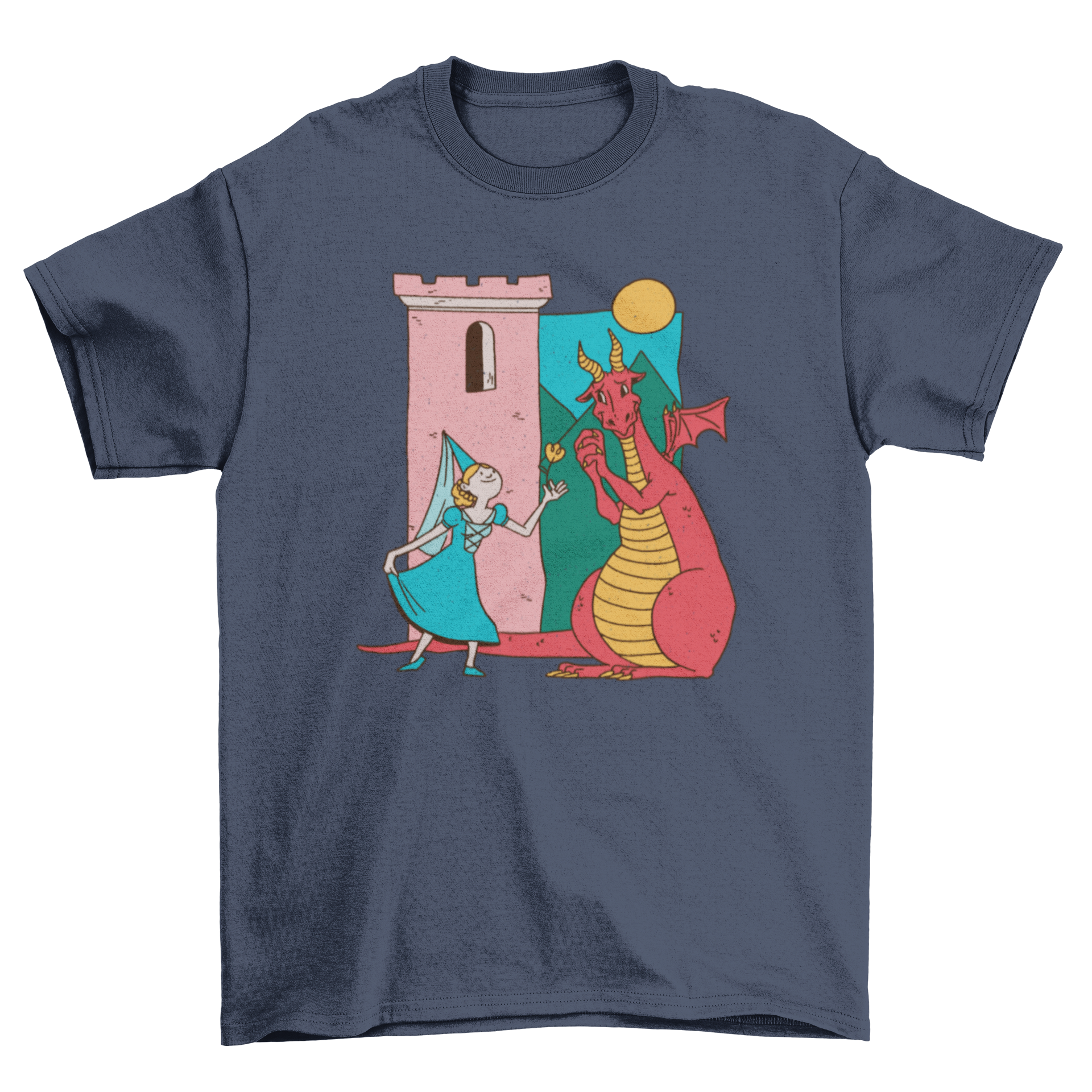 Cute t-shirt featuring a princess giving a flower to a friendly dragon, set against a whimsical castle background.