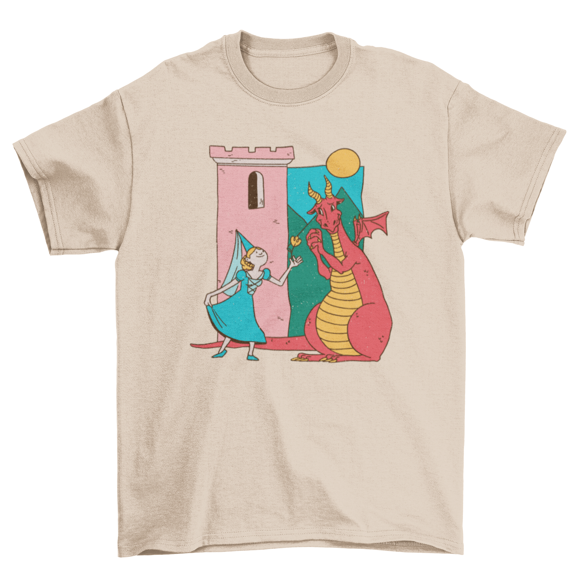 Cute t-shirt featuring a princess giving a flower to a friendly dragon, set against a whimsical castle background.