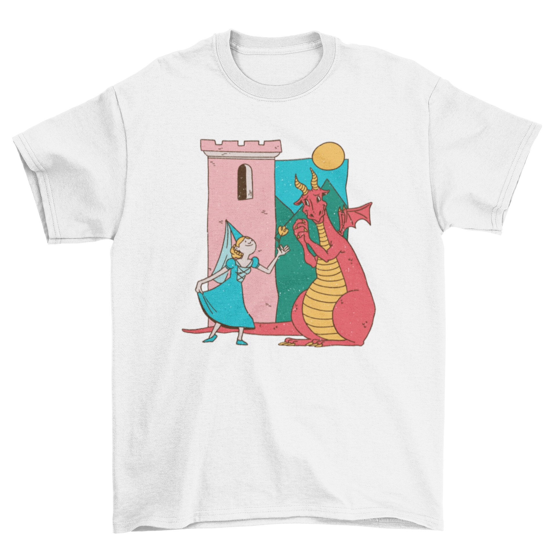 Cute t-shirt featuring a princess giving a flower to a friendly dragon, set against a whimsical castle background.