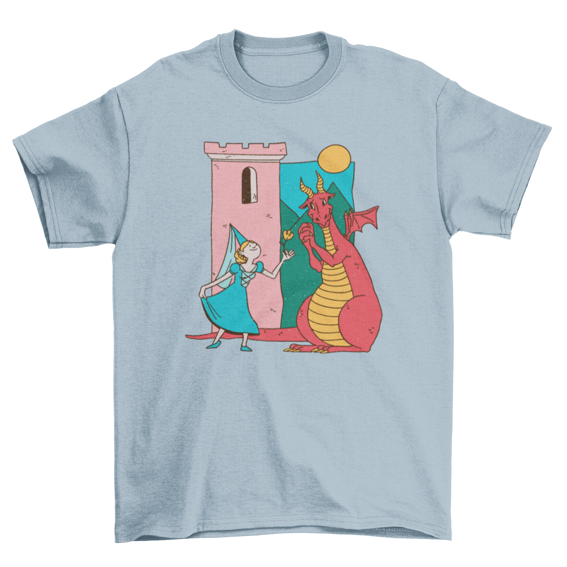 Cute t-shirt featuring a princess giving a flower to a friendly dragon, set against a whimsical castle background.