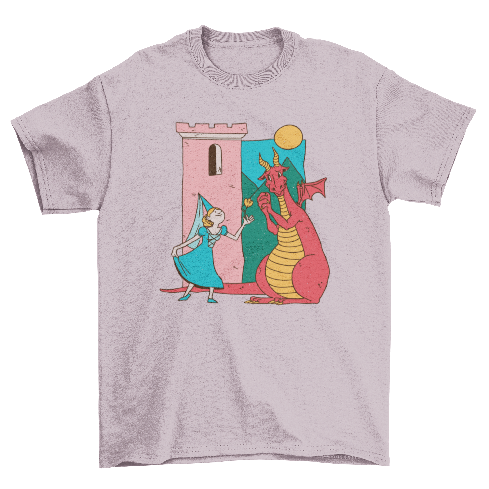 Cute t-shirt featuring a princess giving a flower to a friendly dragon, set against a whimsical castle background.