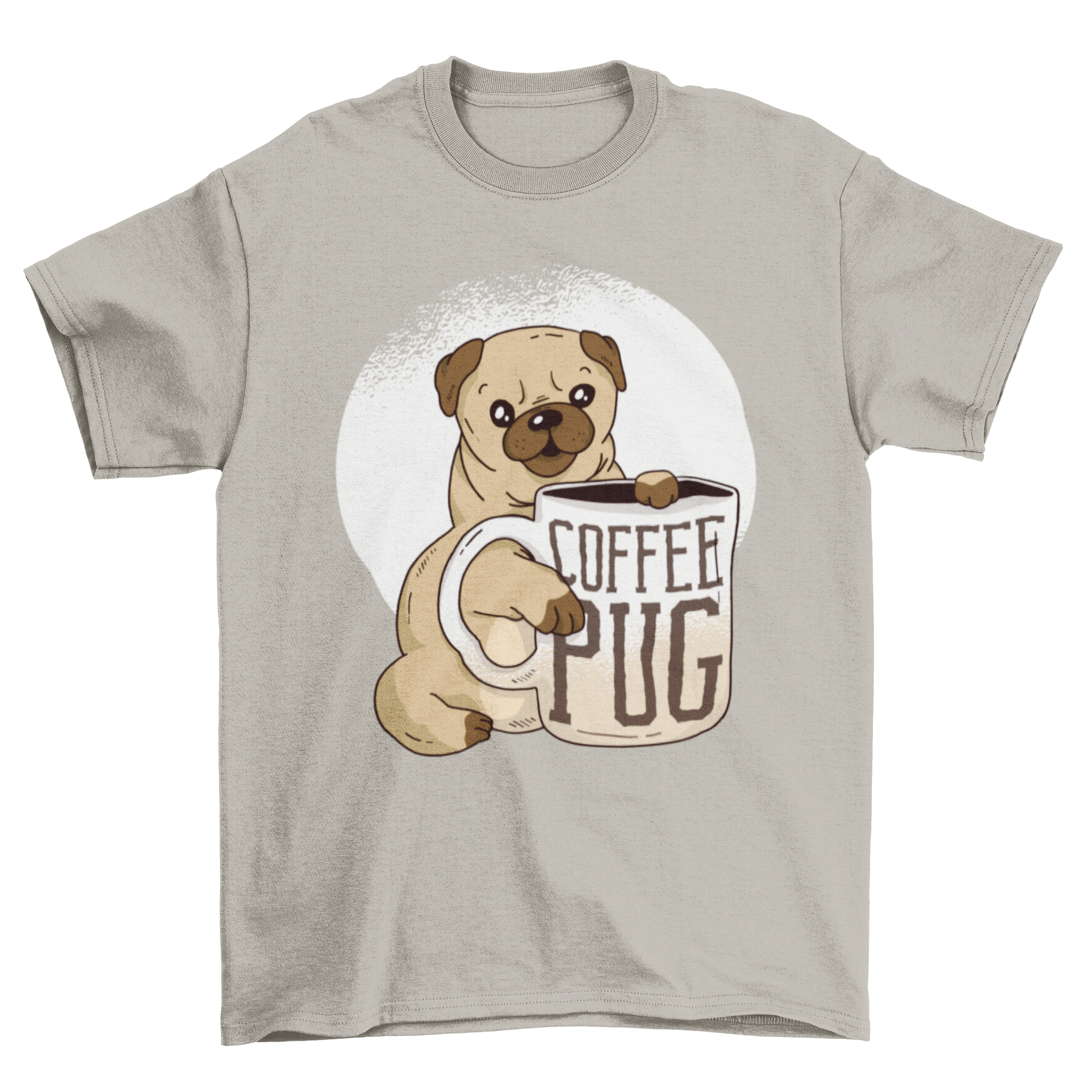 Cute pug puppy holding a huge cup of coffee on a t-shirt design, perfect for dog and coffee lovers.