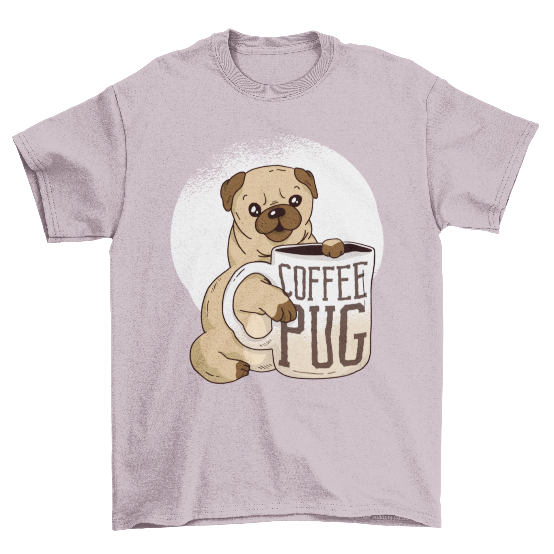 Cute pug puppy holding a huge cup of coffee on a t-shirt design, perfect for dog and coffee lovers.
