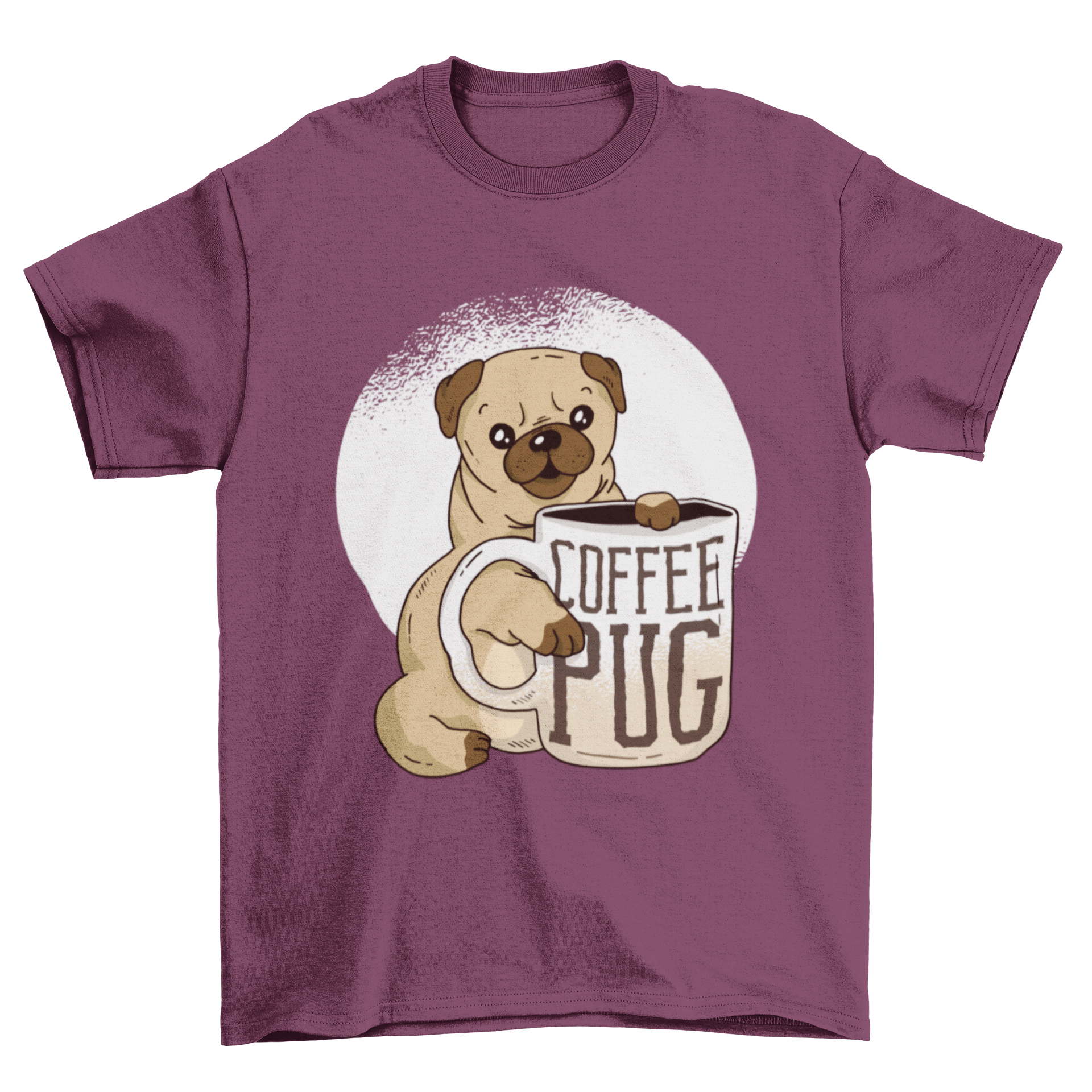 Cute pug puppy holding a huge cup of coffee on a t-shirt design, perfect for dog and coffee lovers.