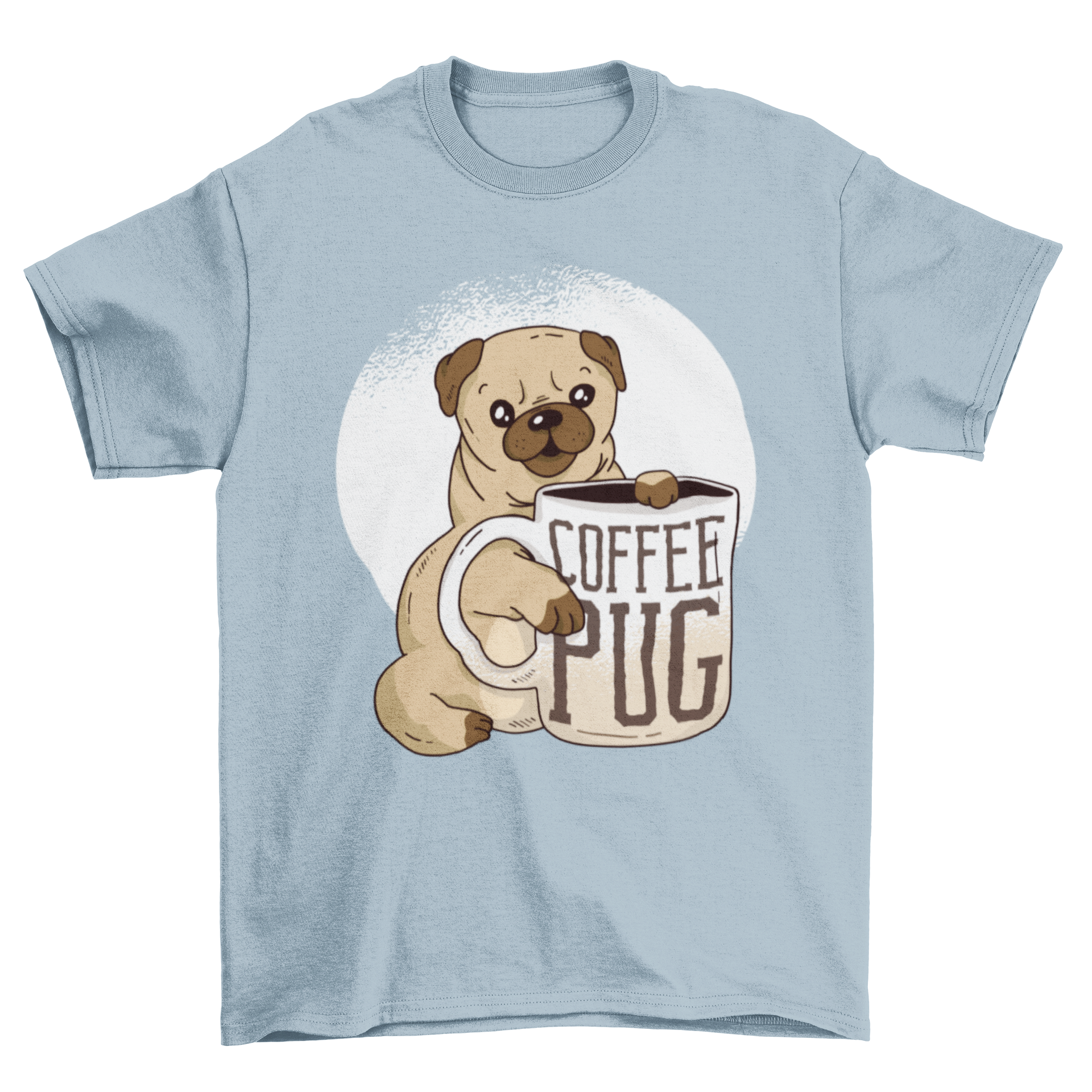 Cute pug puppy holding a huge cup of coffee on a t-shirt design, perfect for dog and coffee lovers.