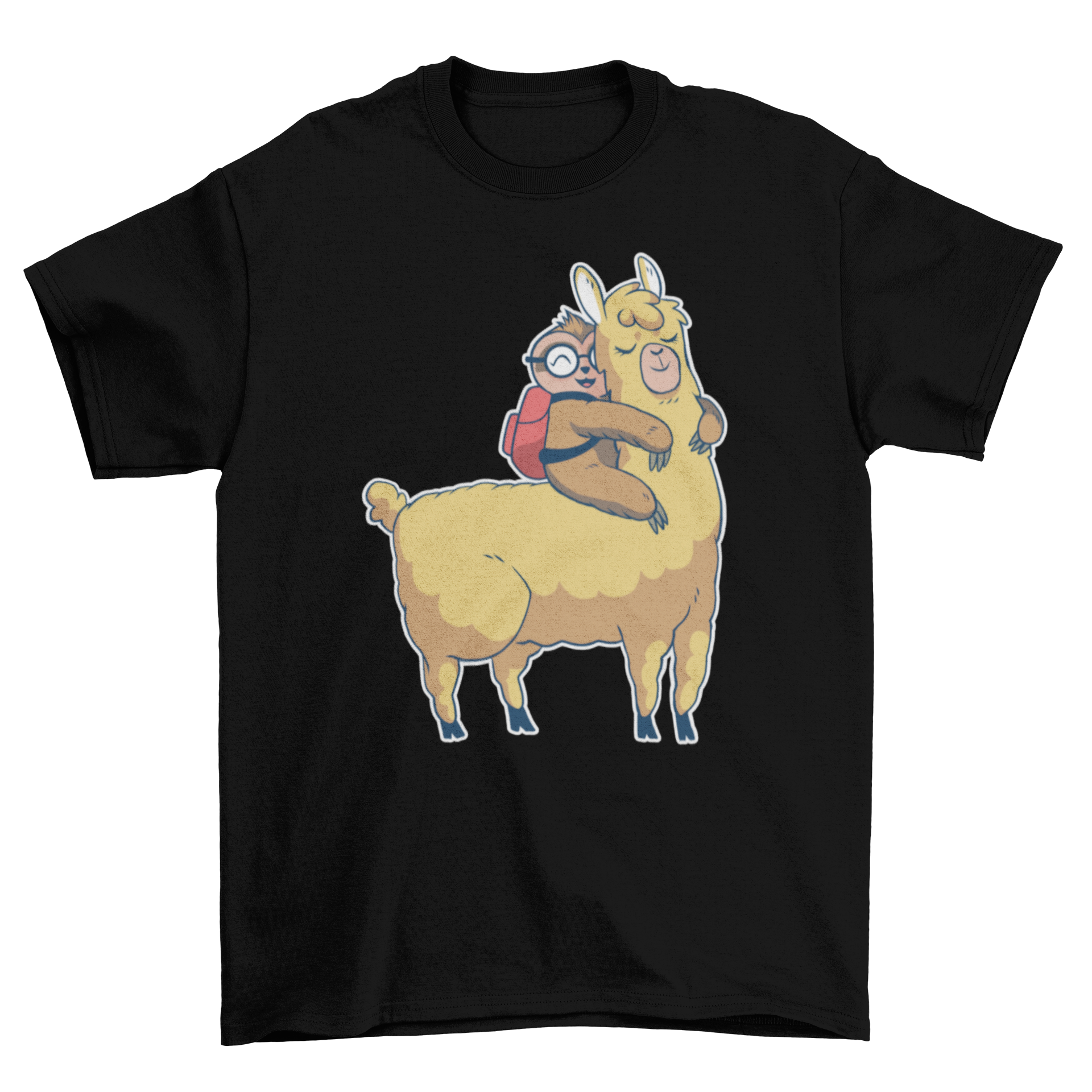 Cute Sloth Llama T-shirt featuring a sloth hugging a llama in a playful design.