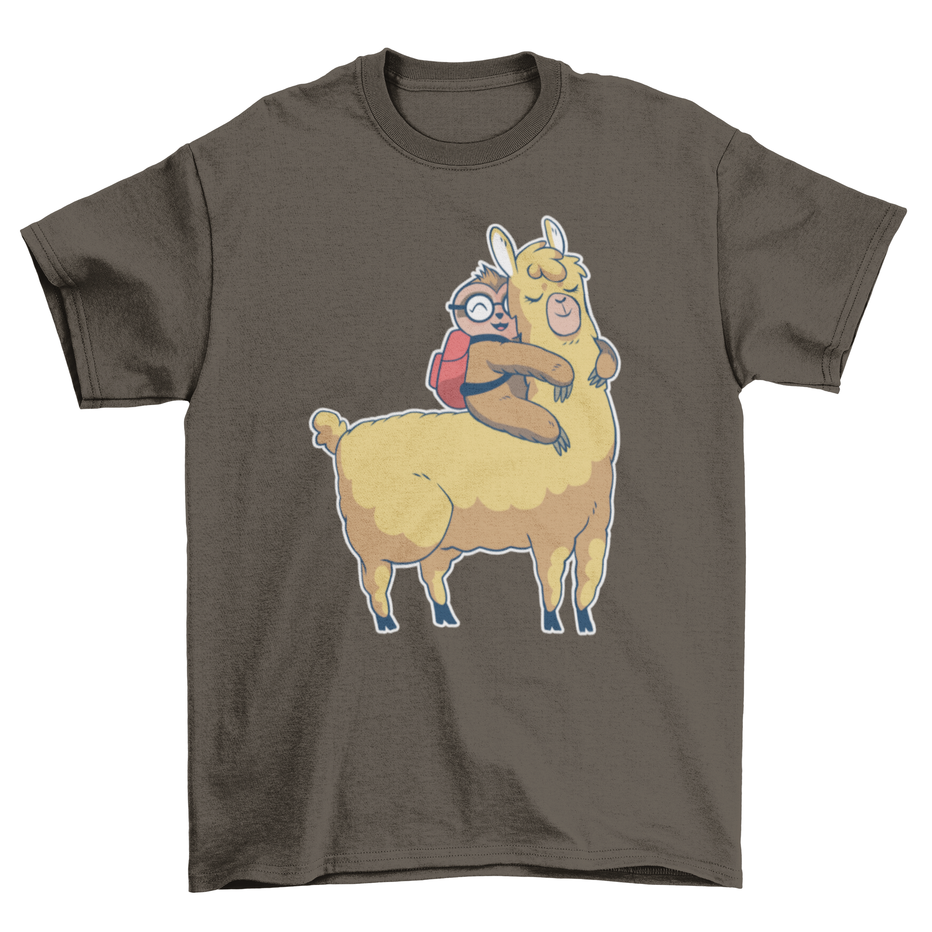 Cute Sloth Llama T-shirt featuring a sloth hugging a llama in a playful design.