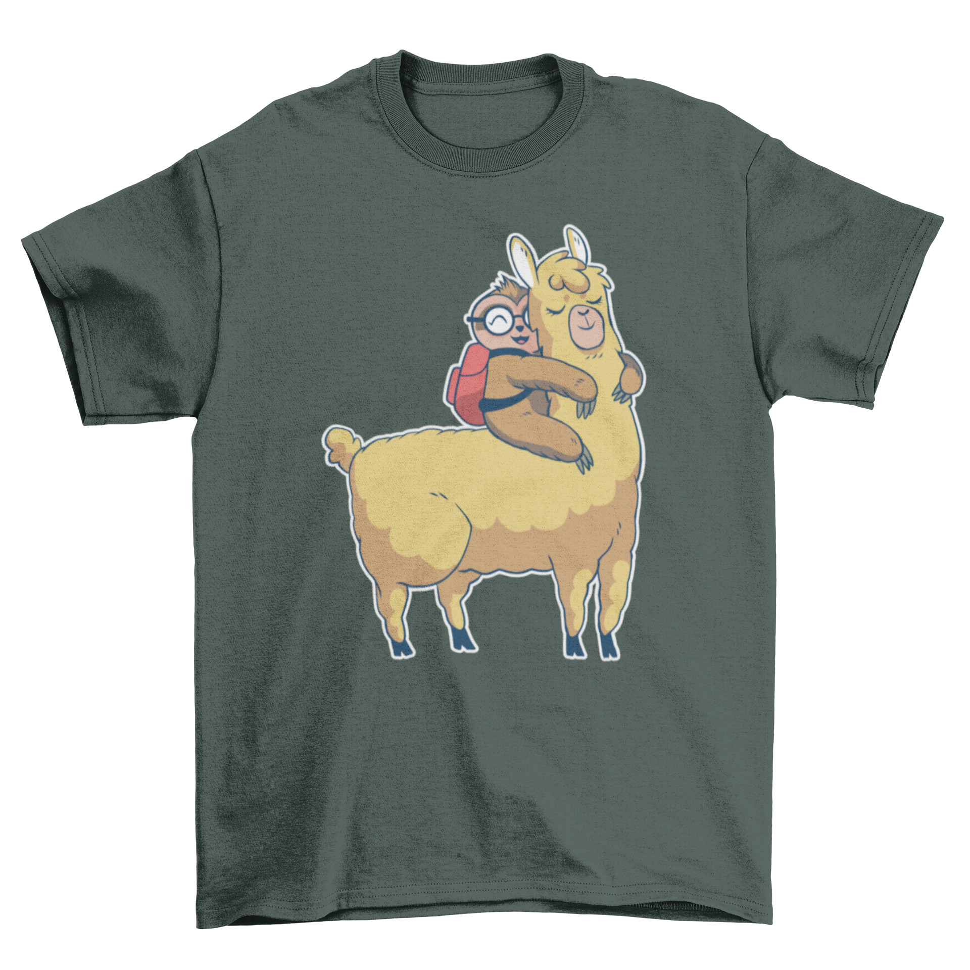 Cute Sloth Llama T-shirt featuring a sloth hugging a llama in a playful design.
