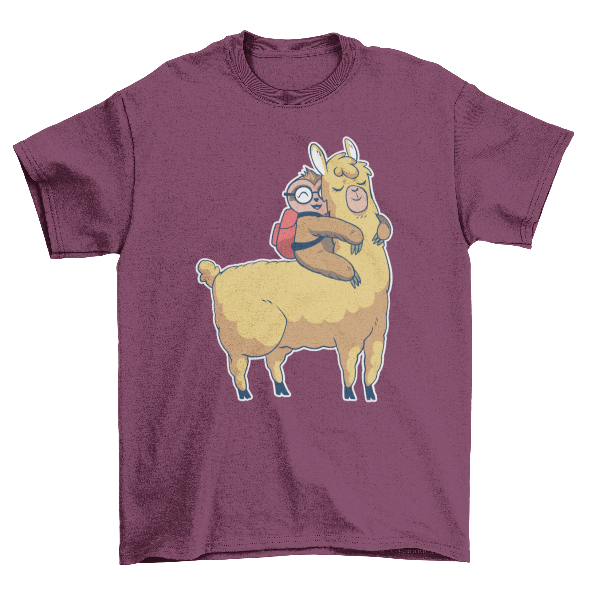 Cute Sloth Llama T-shirt featuring a sloth hugging a llama in a playful design.