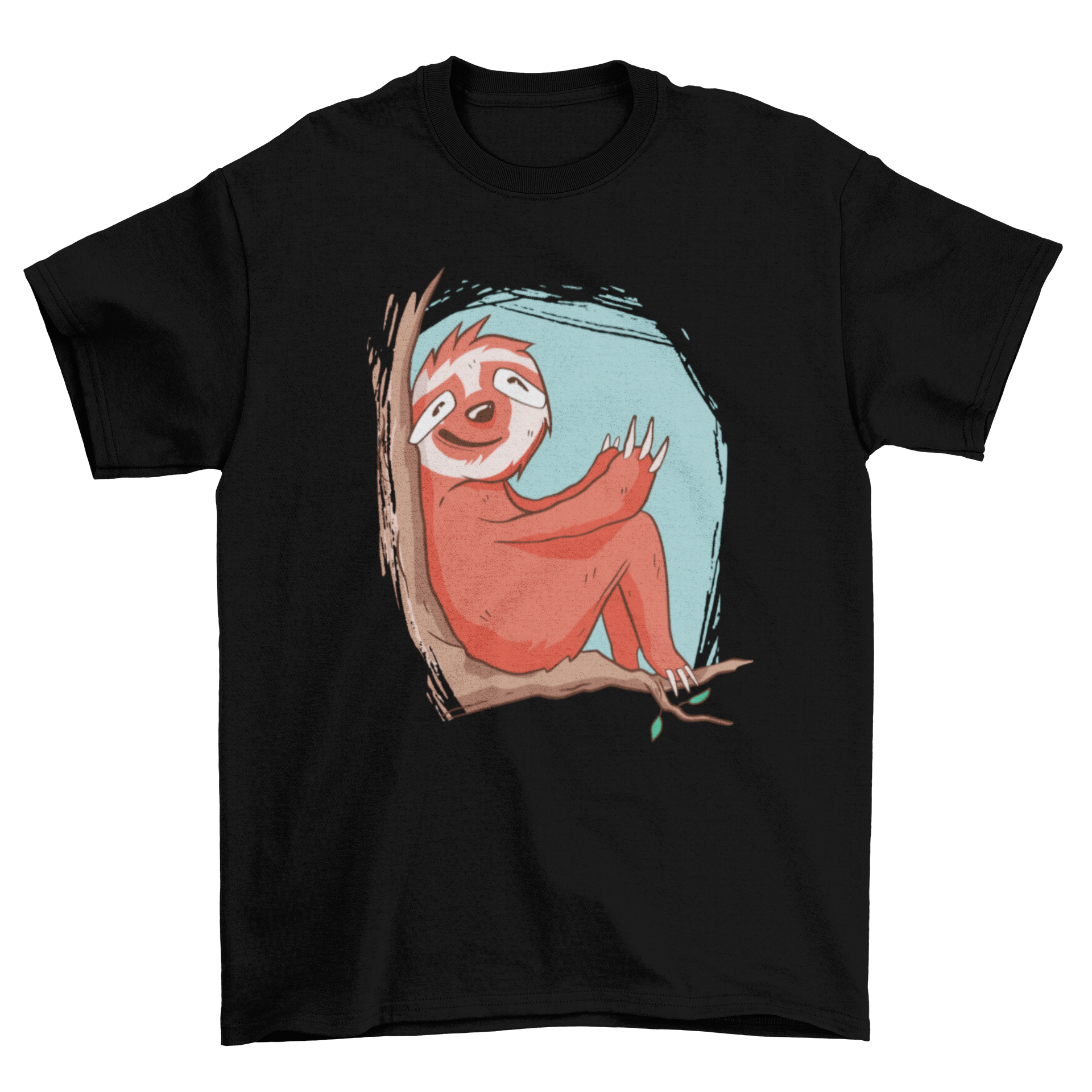 Cute sloth sitting on a branch t-shirt design, showcasing a playful sloth illustration.