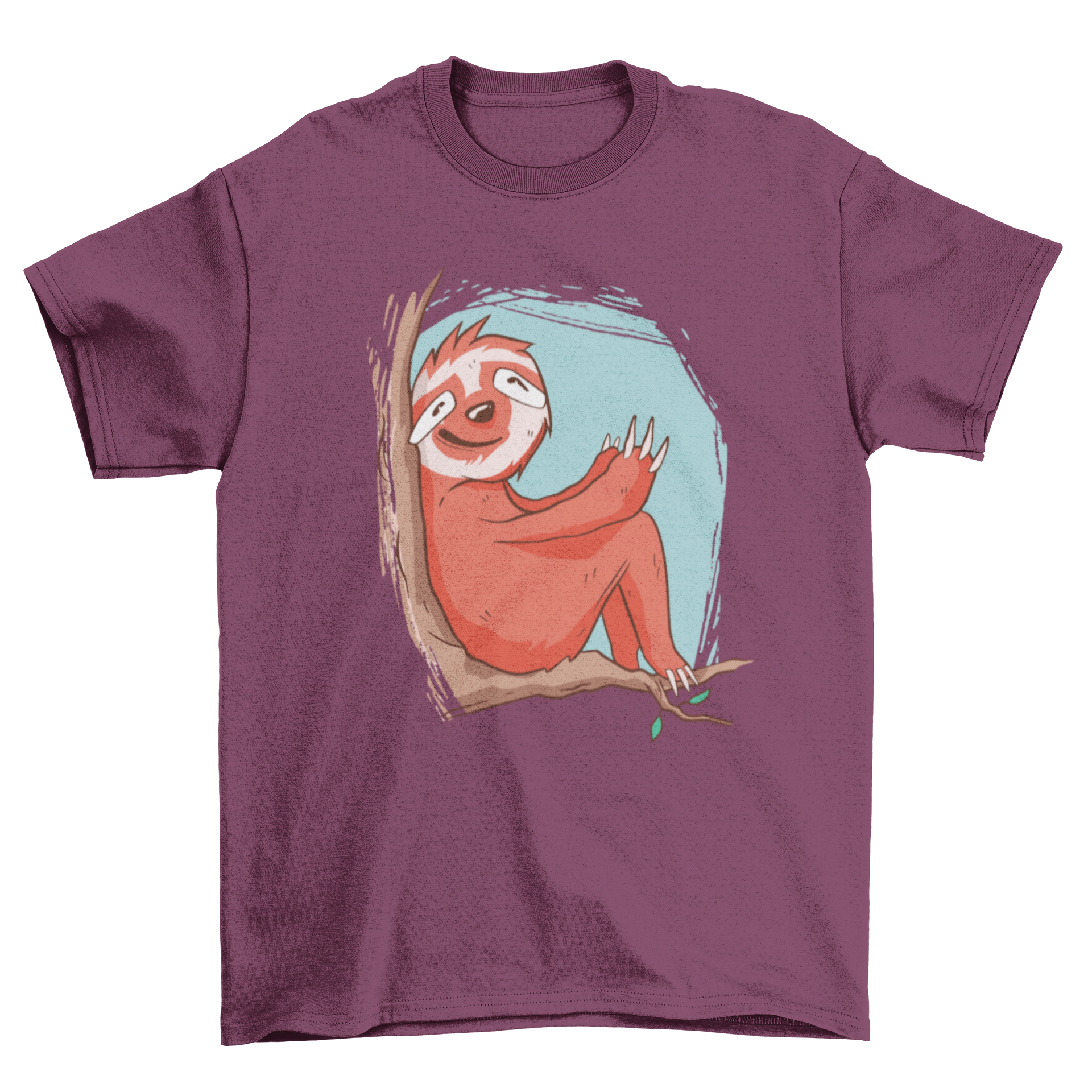 Cute sloth sitting on a branch t-shirt design, showcasing a playful sloth illustration.