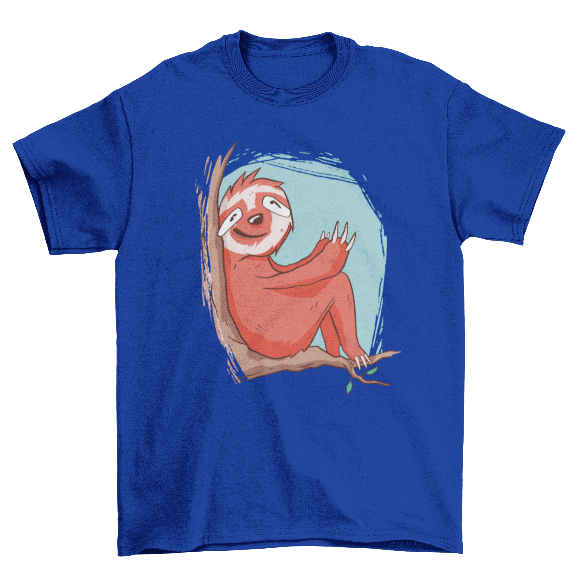 Cute sloth sitting on a branch t-shirt design, showcasing a playful sloth illustration.