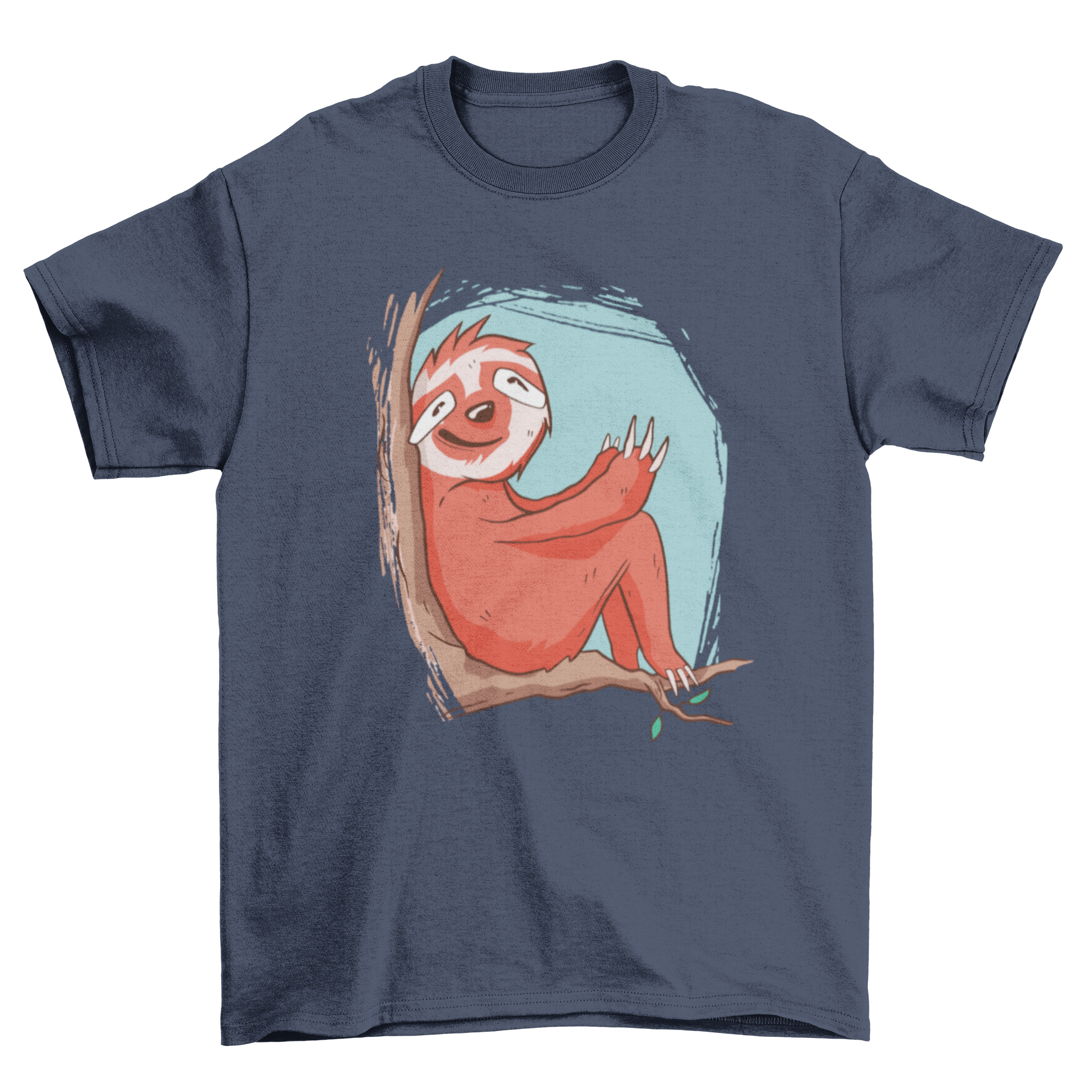 Cute sloth sitting on a branch t-shirt design, showcasing a playful sloth illustration.