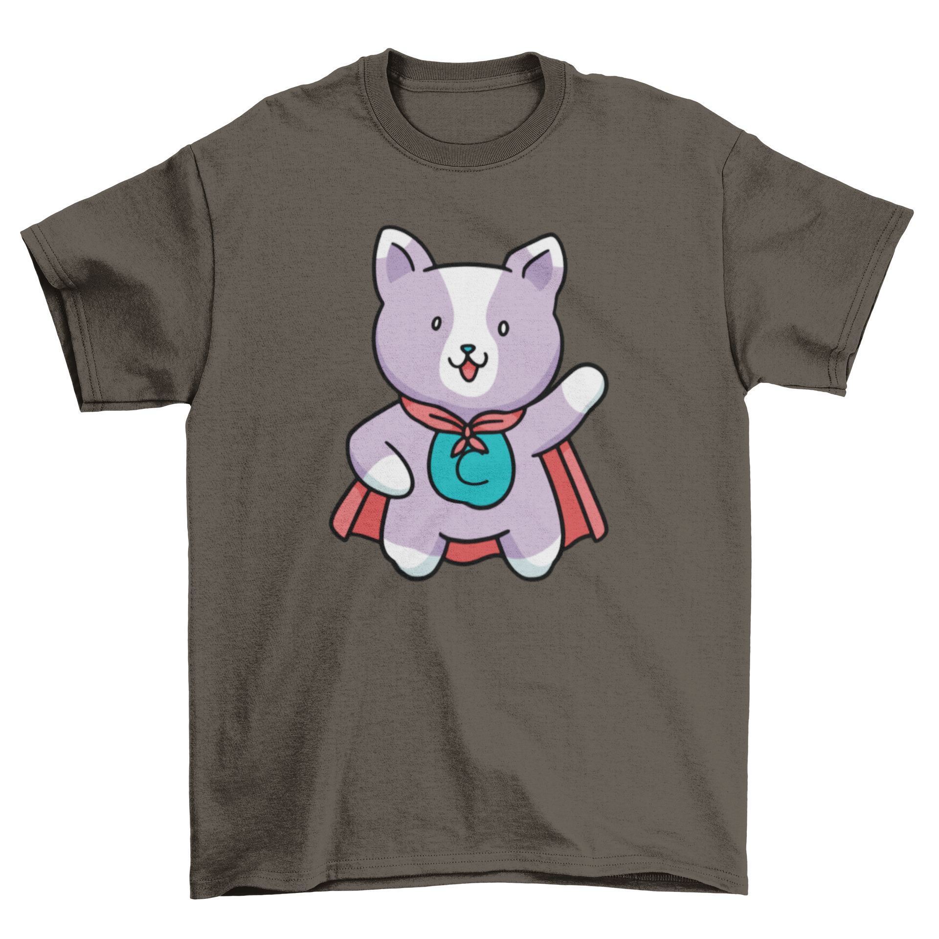 A cute t-shirt featuring a superhero cat with a colorful cape, perfect for cat lovers.