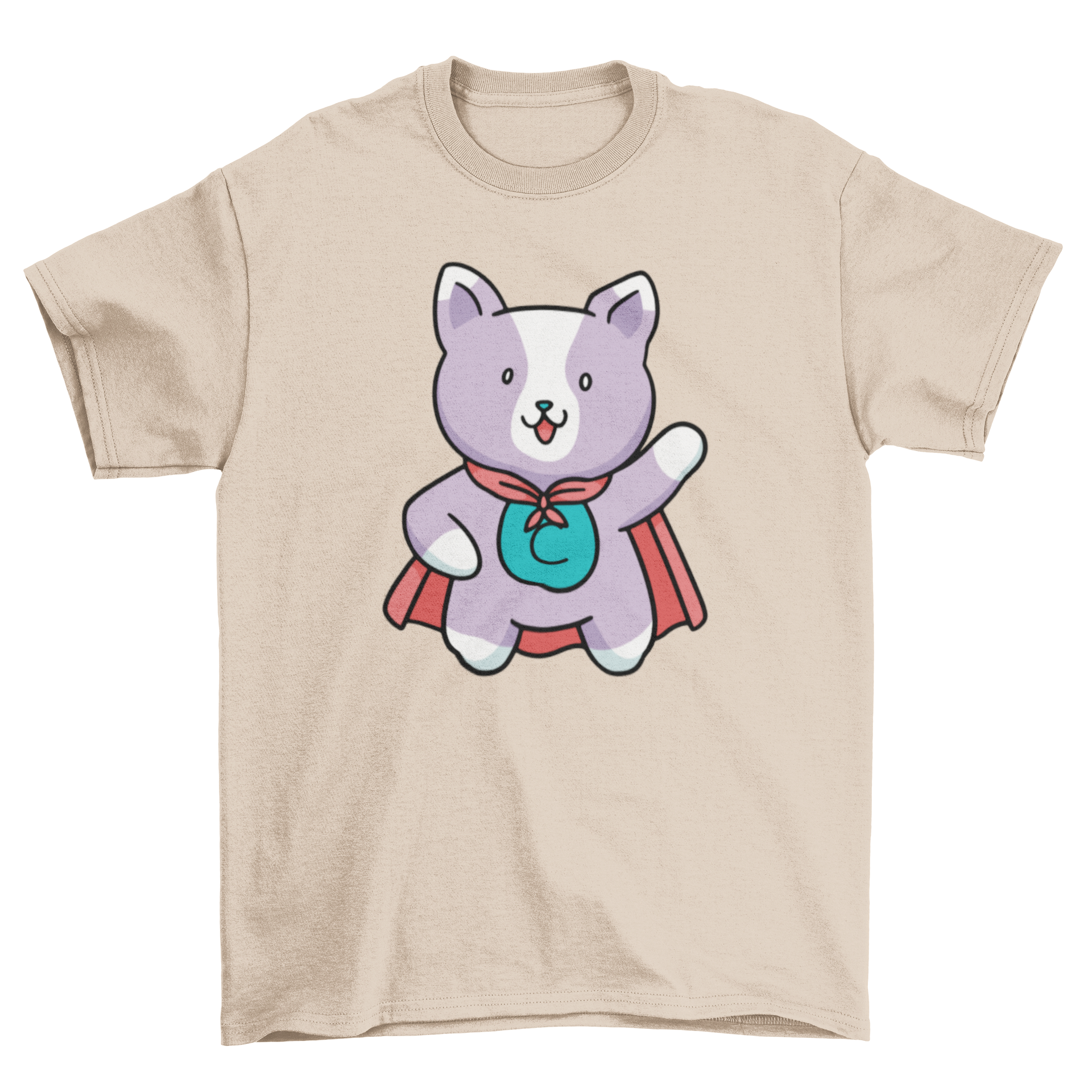 A cute t-shirt featuring a superhero cat with a colorful cape, perfect for cat lovers.