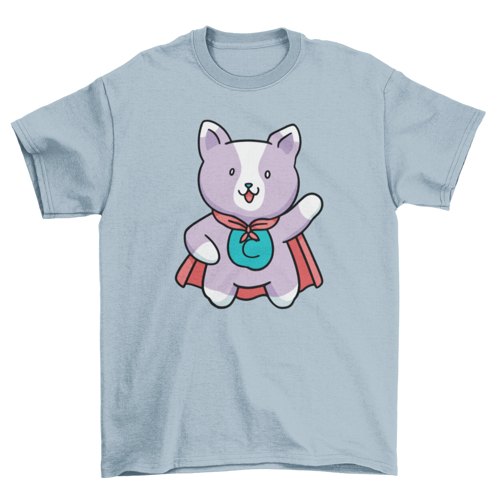 A cute t-shirt featuring a superhero cat with a colorful cape, perfect for cat lovers.