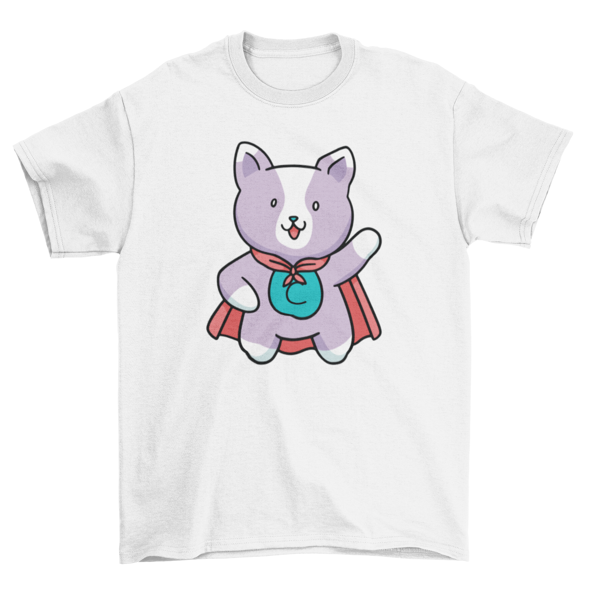 A cute t-shirt featuring a superhero cat with a colorful cape, perfect for cat lovers.