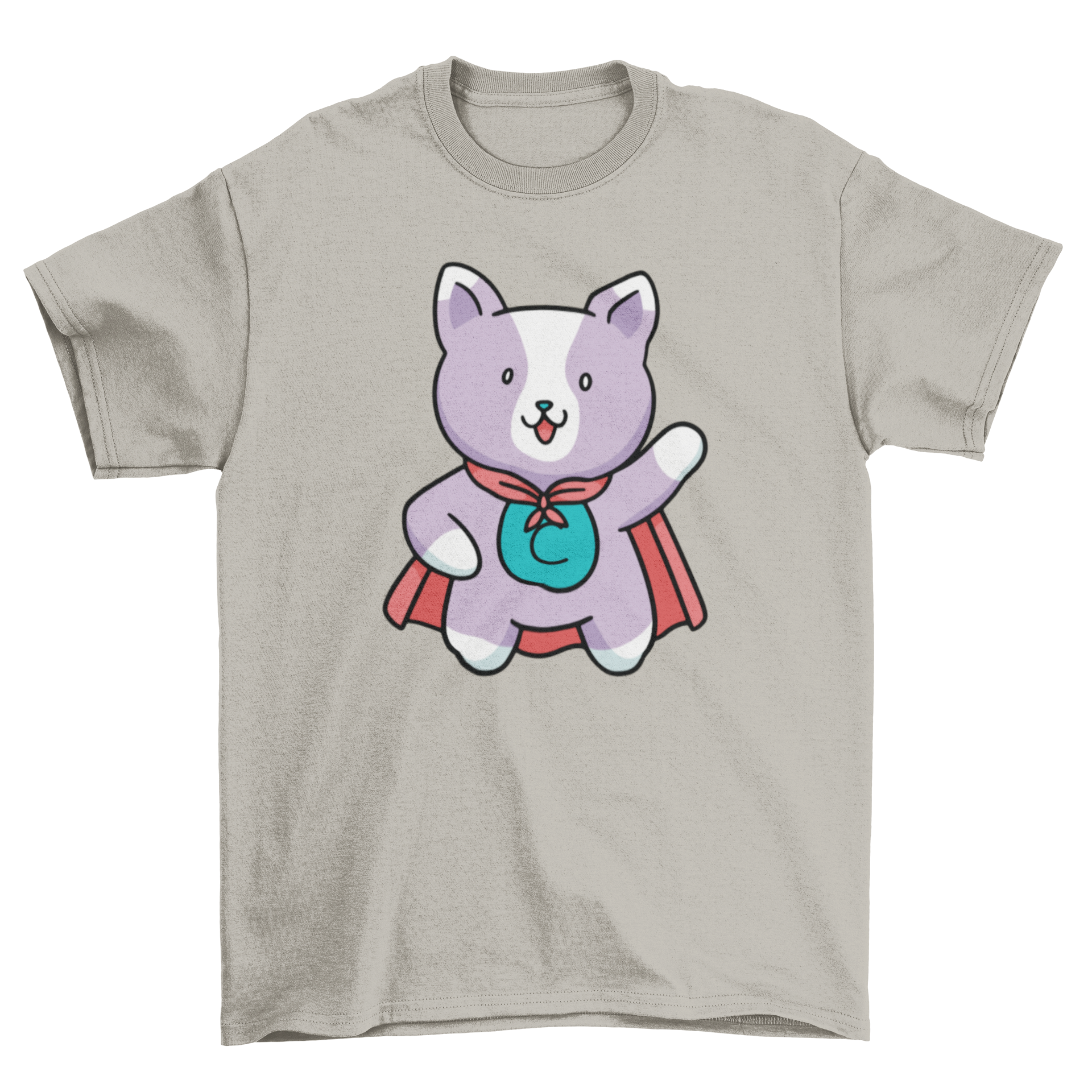 A cute t-shirt featuring a superhero cat with a colorful cape, perfect for cat lovers.