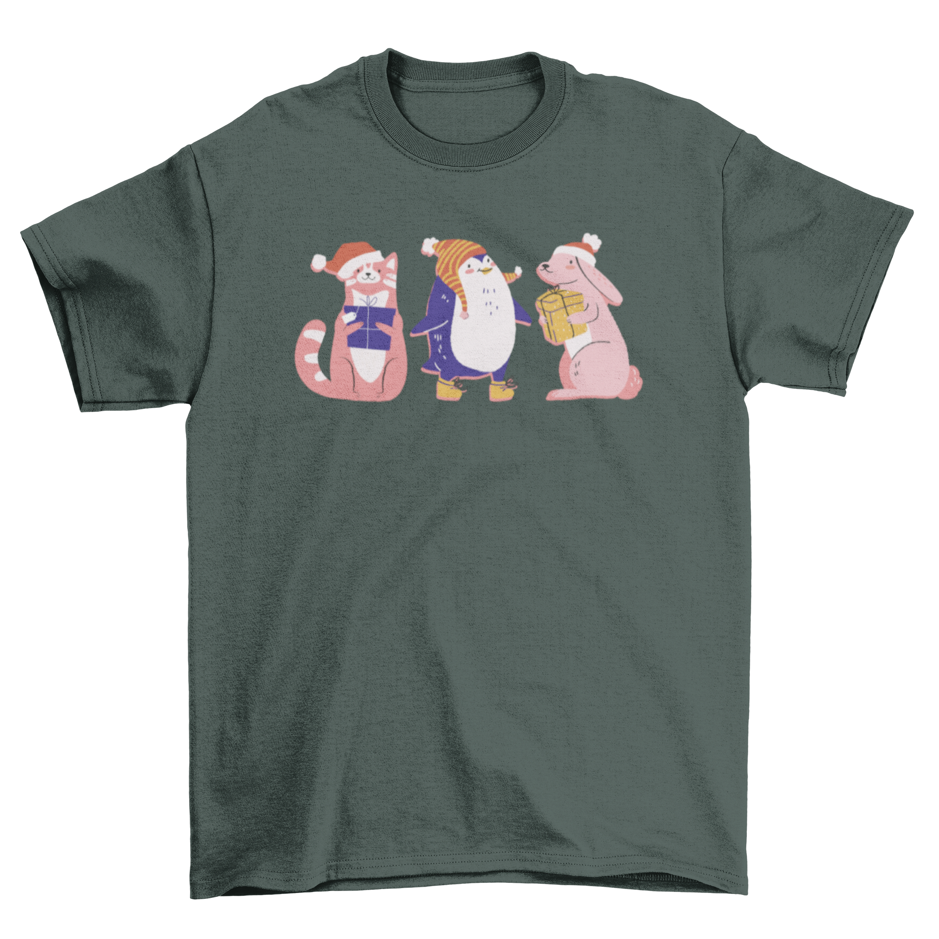 Cute t-shirt featuring three happy Christmas animals in festive colors.