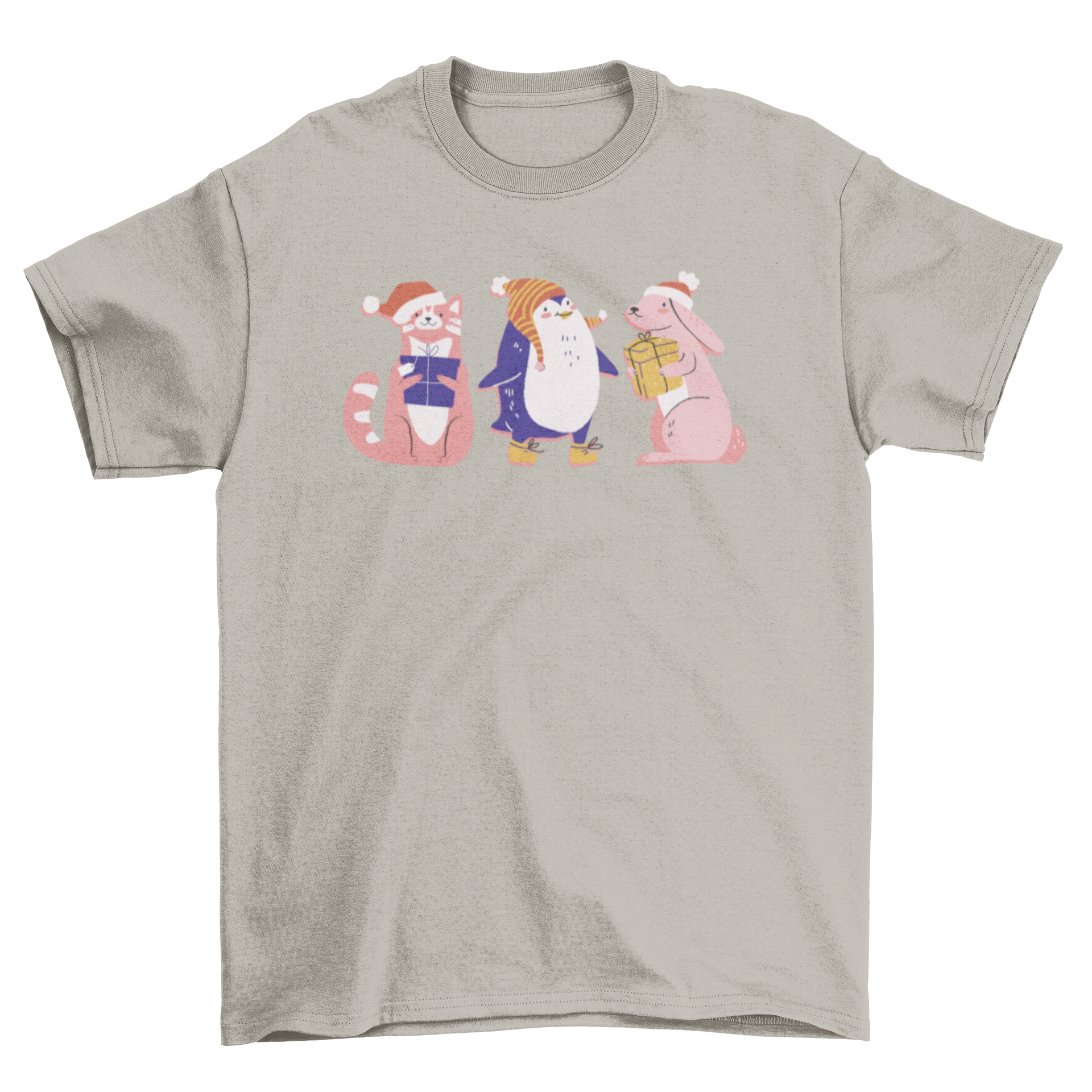 Cute t-shirt featuring three happy Christmas animals in festive colors.