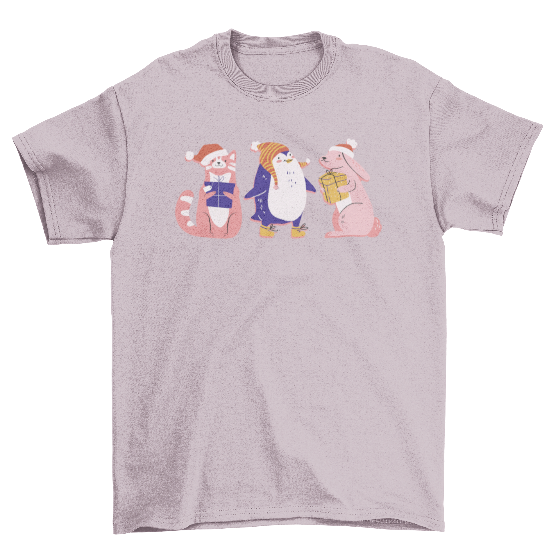 Cute t-shirt featuring three happy Christmas animals in festive colors.