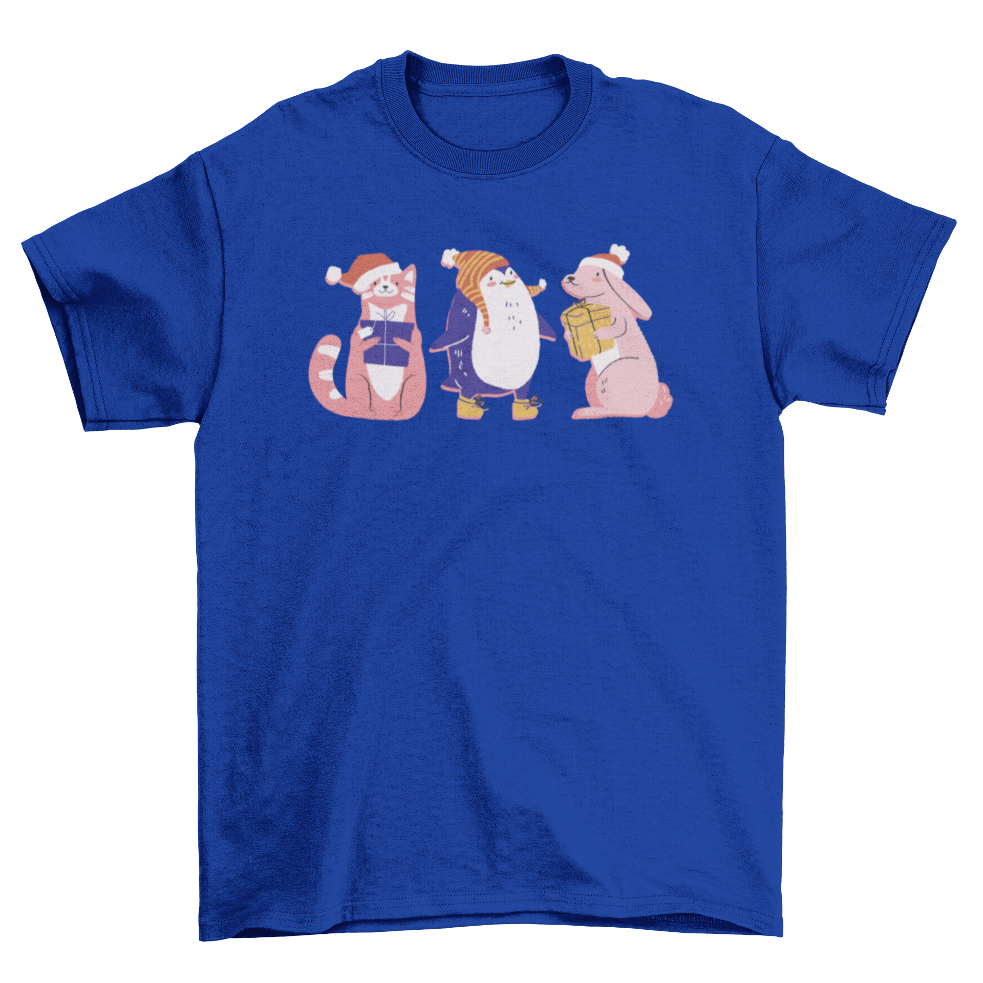 Cute t-shirt featuring three happy Christmas animals in festive colors.
