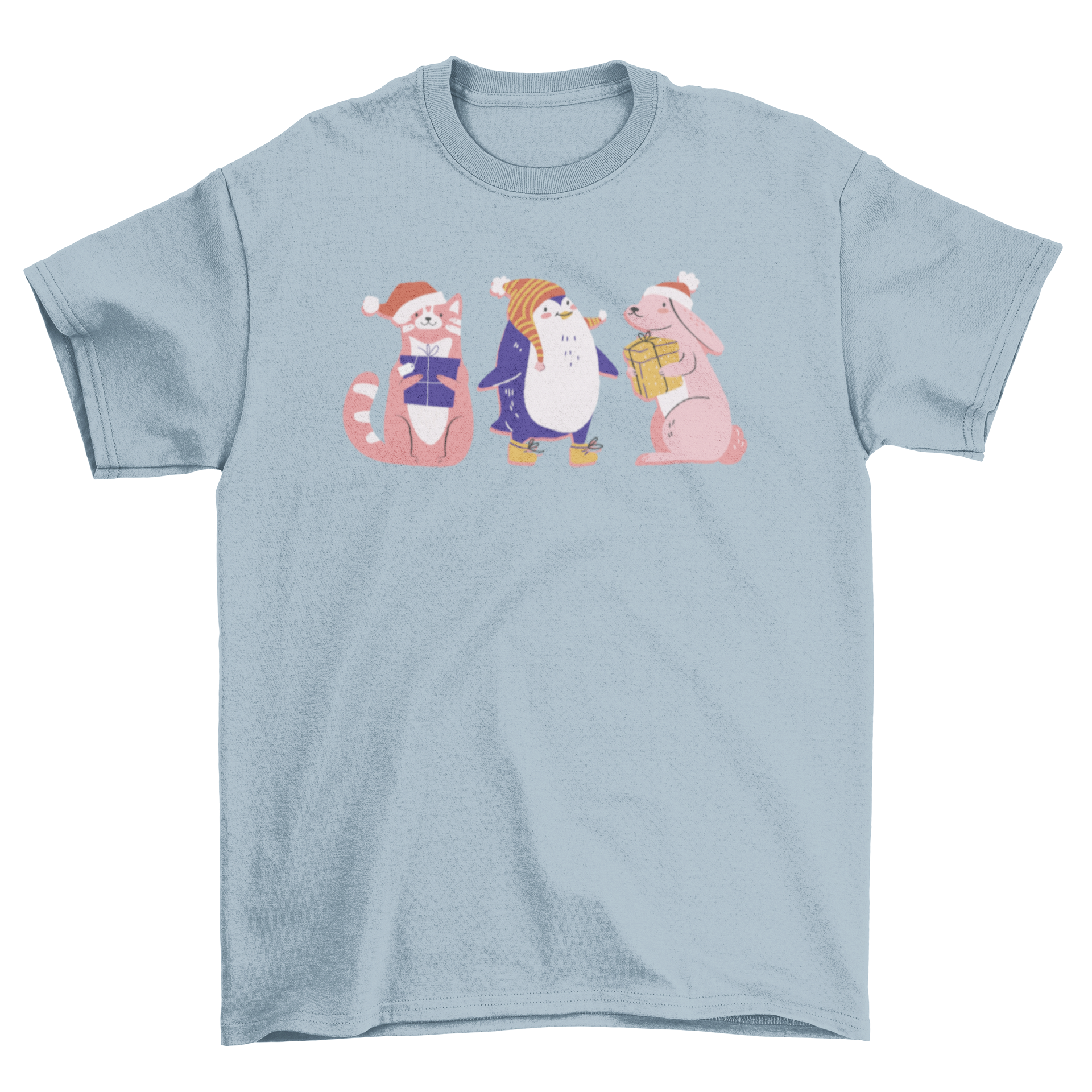 Cute t-shirt featuring three happy Christmas animals in festive colors.
