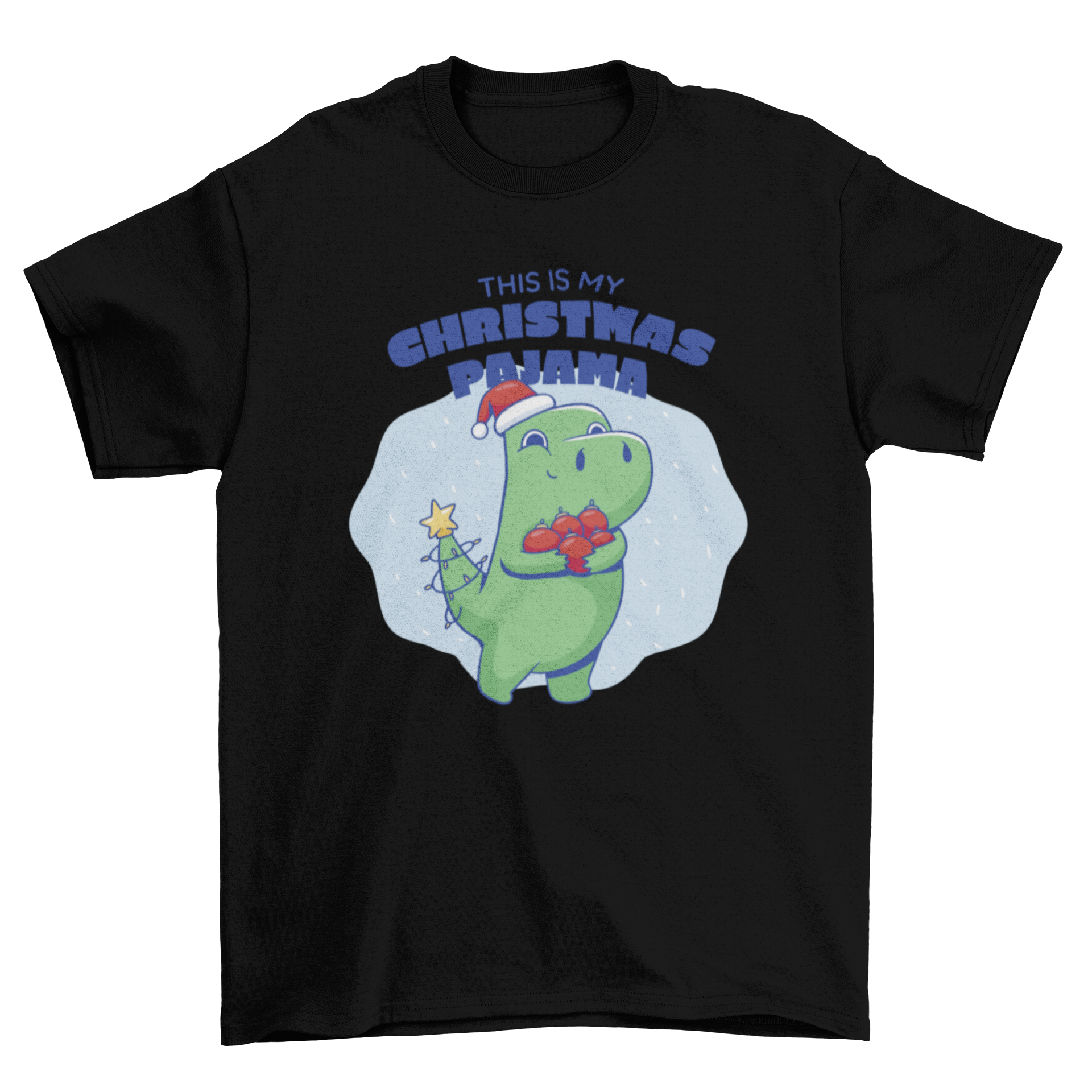 Cute T-rex dinosaur wearing Christmas decorations with the quote 'This is my Christmas pajama' on a festive t-shirt.