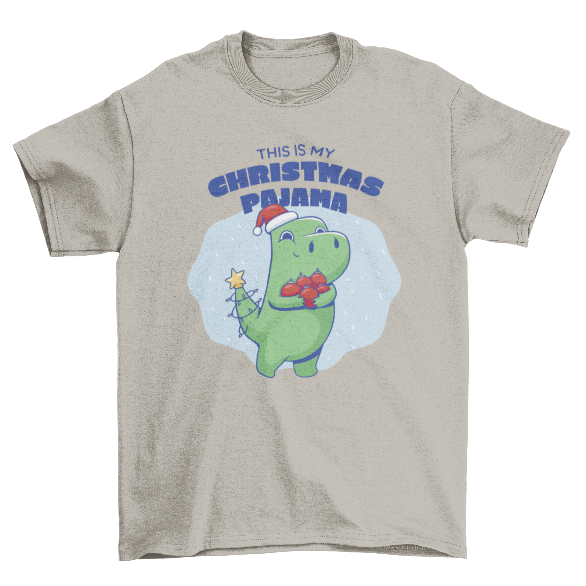 Cute T-rex dinosaur wearing Christmas decorations with the quote 'This is my Christmas pajama' on a festive t-shirt.