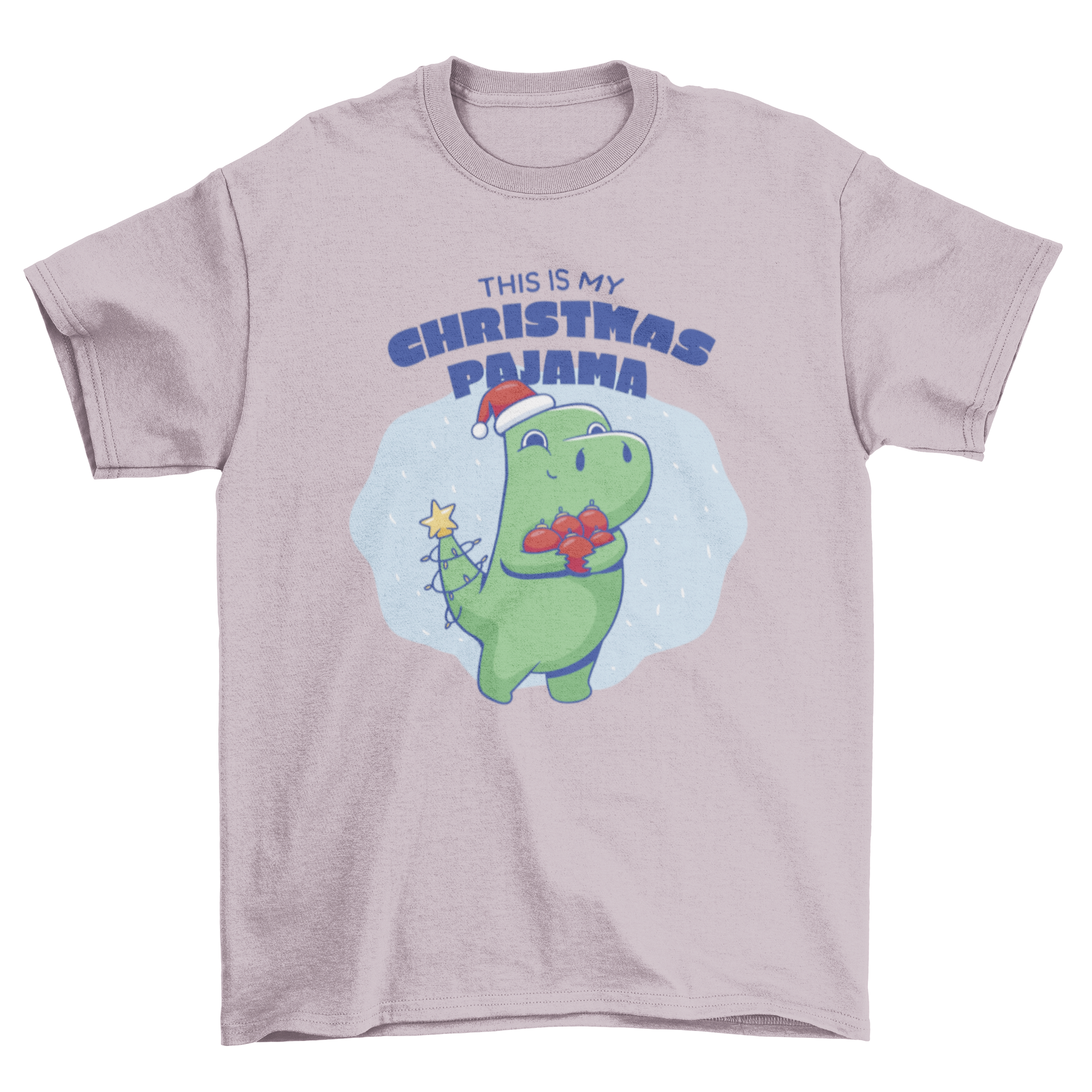 Cute T-rex dinosaur wearing Christmas decorations with the quote 'This is my Christmas pajama' on a festive t-shirt.