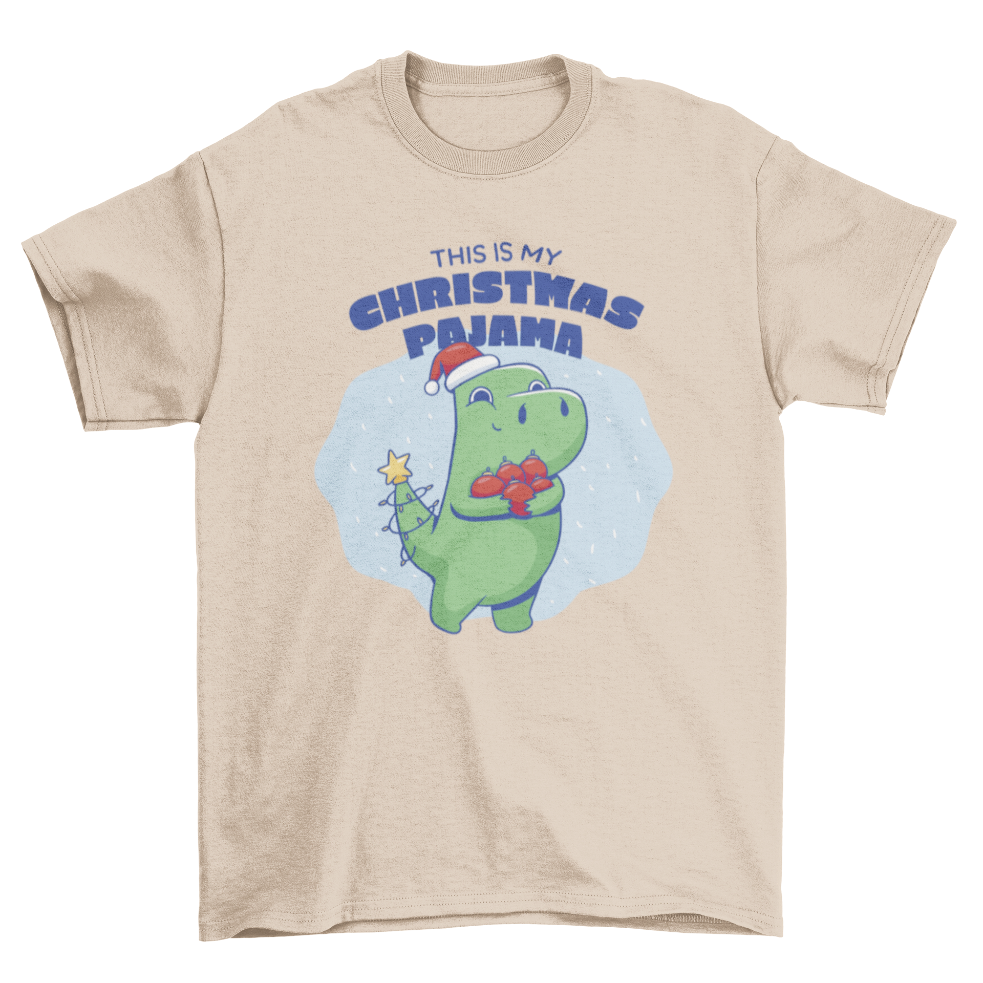 Cute T-rex dinosaur wearing Christmas decorations with the quote 'This is my Christmas pajama' on a festive t-shirt.