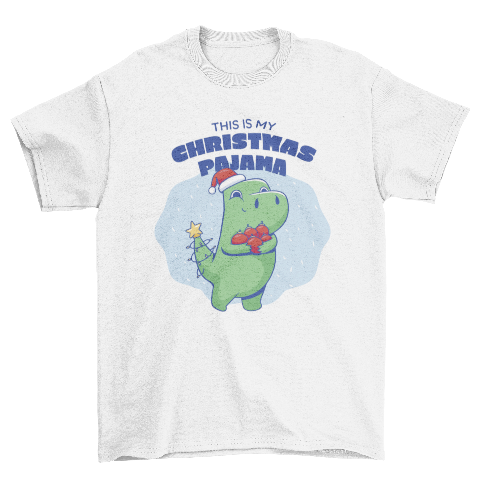 Cute T-rex dinosaur wearing Christmas decorations with the quote 'This is my Christmas pajama' on a festive t-shirt.