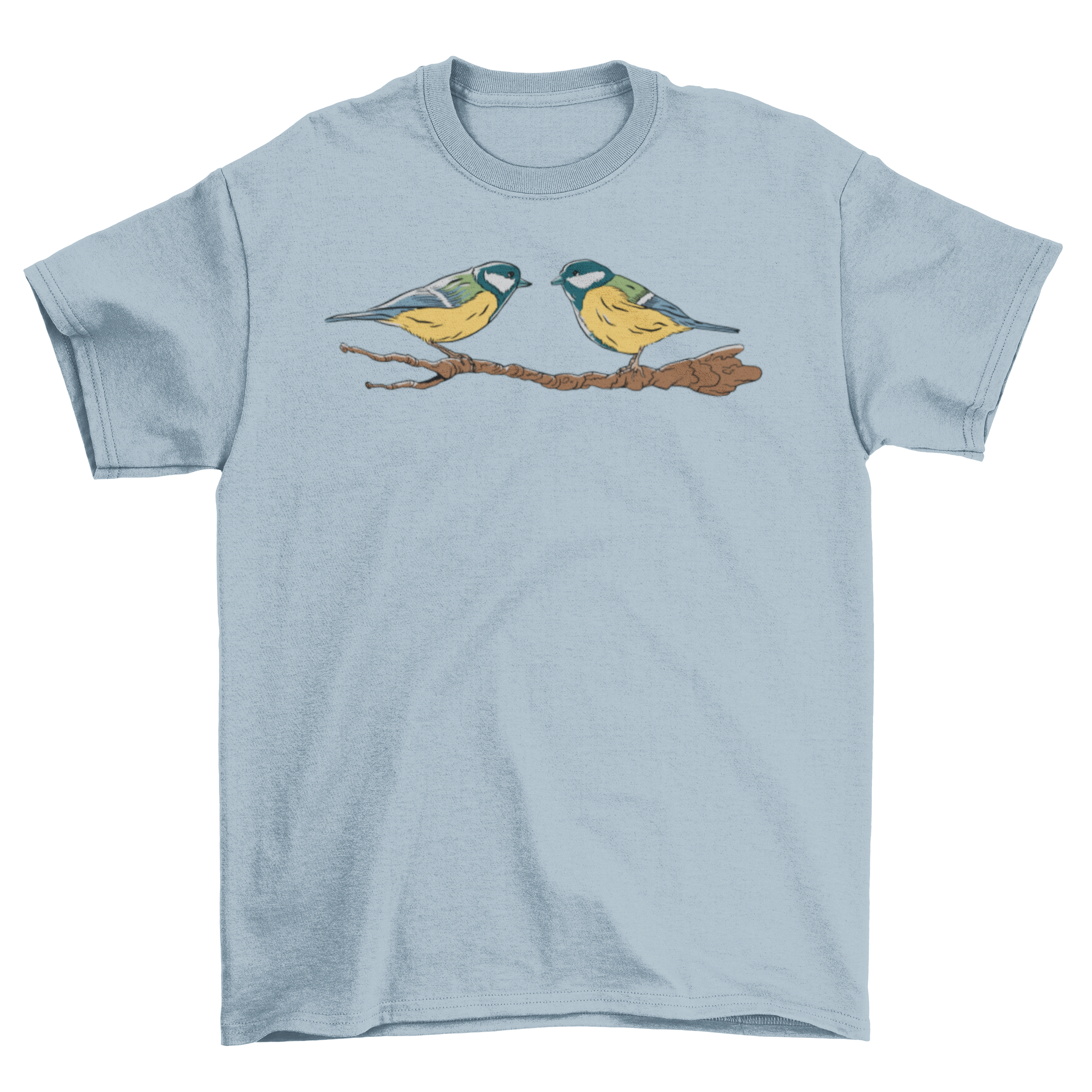 Cute t-shirt featuring two tit birds sitting on a twig, showcasing vibrant colors and intricate details.