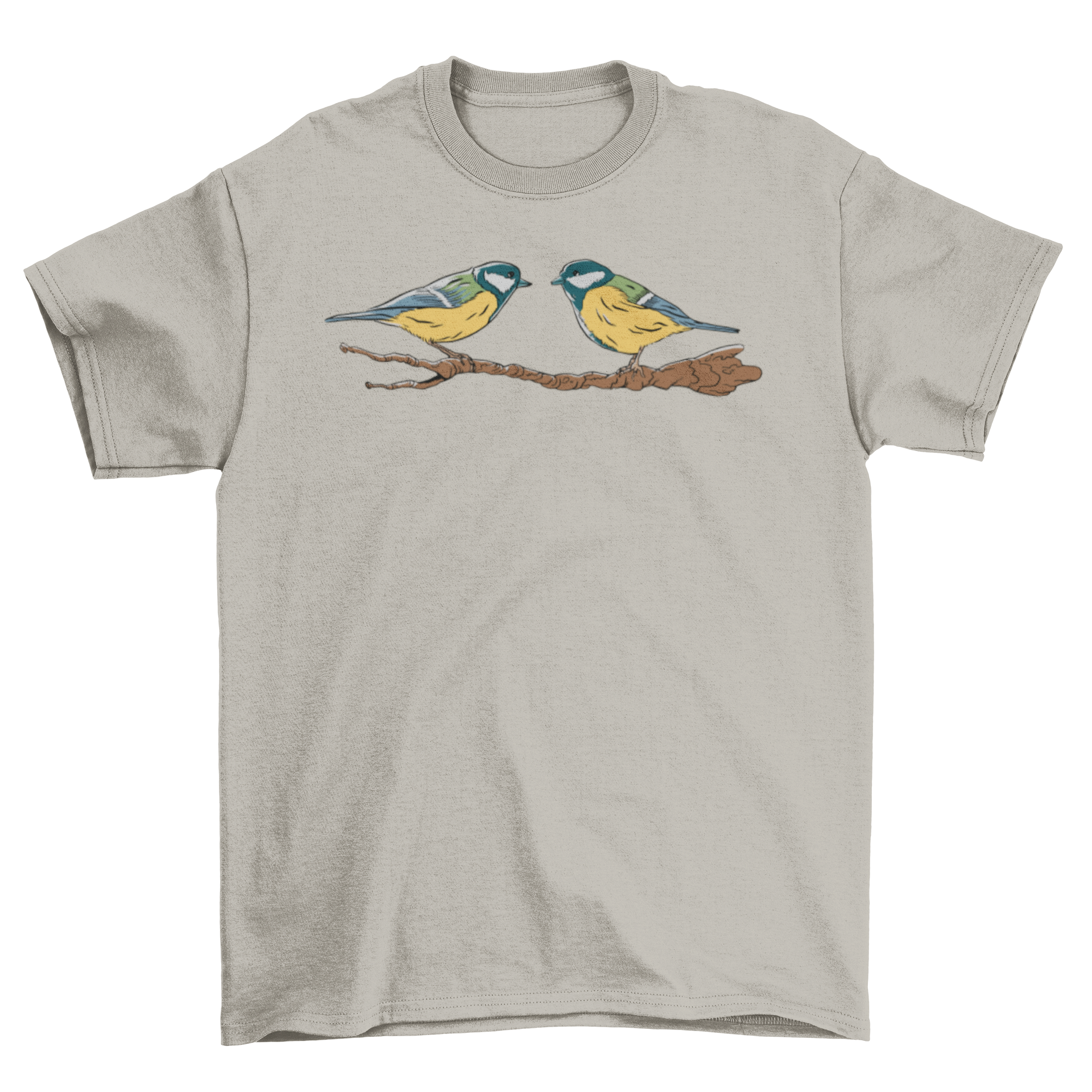 Cute t-shirt featuring two tit birds sitting on a twig, showcasing vibrant colors and intricate details.